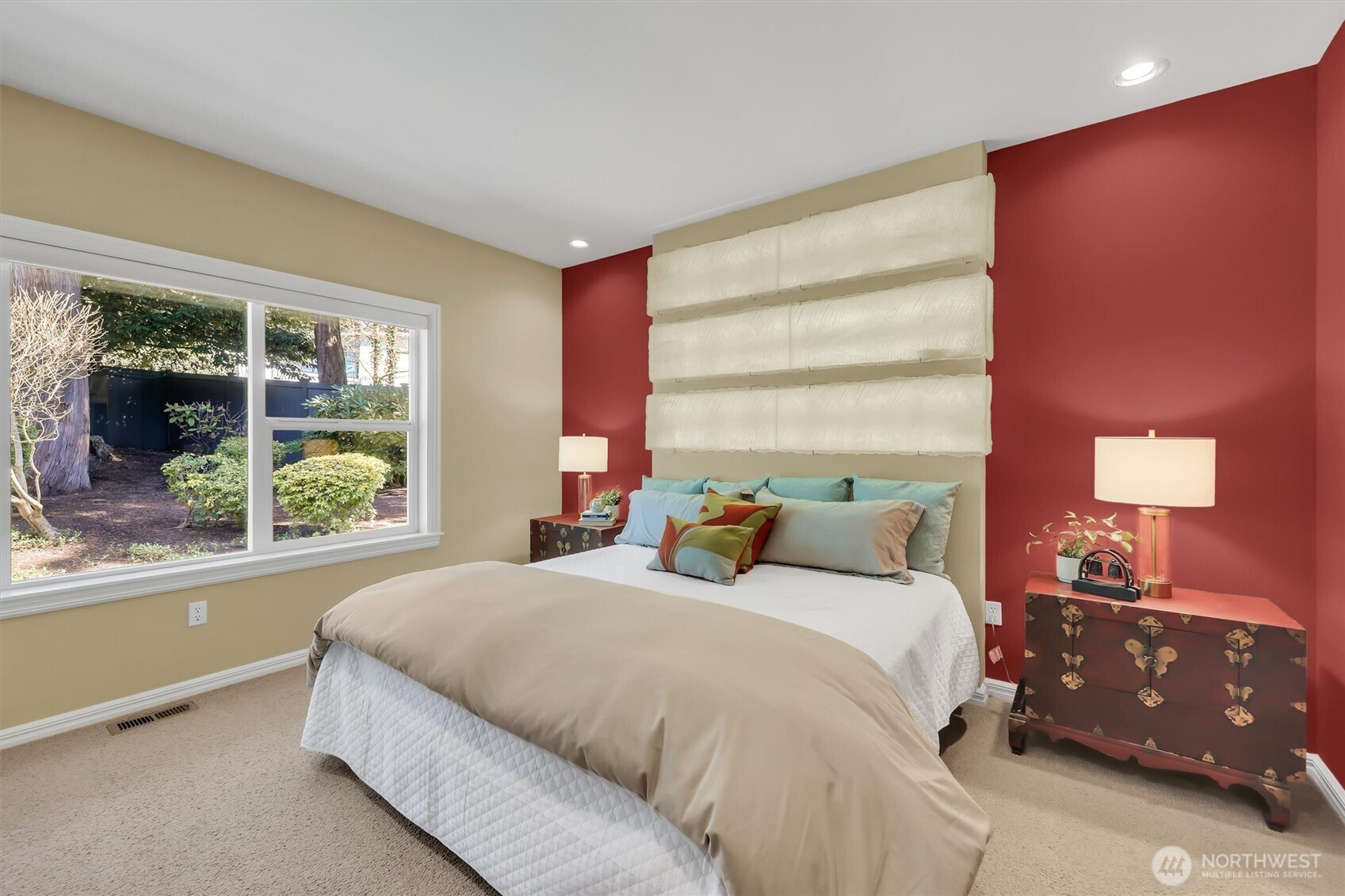 Elegant master suite with a built-in headboard