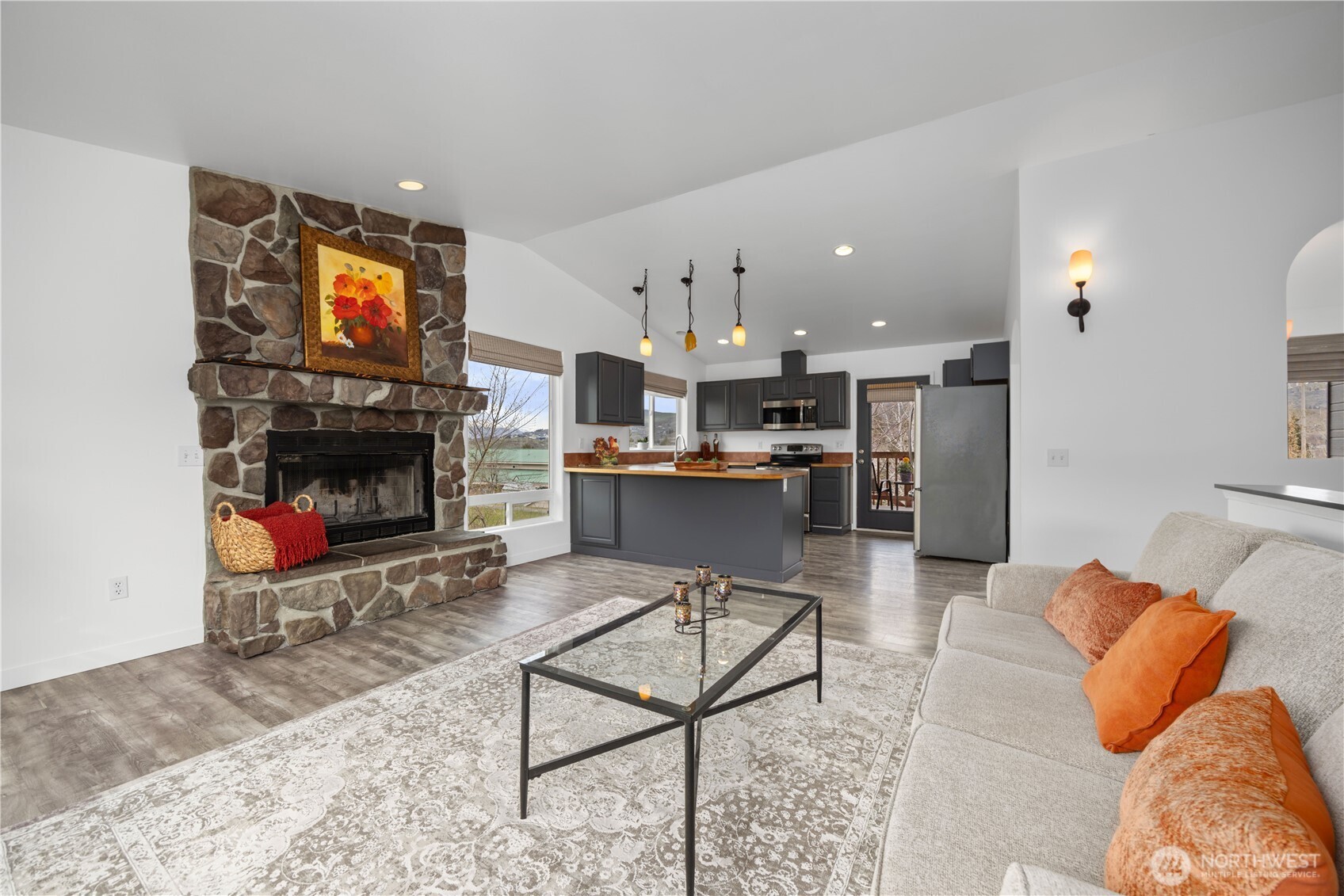 Living room and wood fireplace