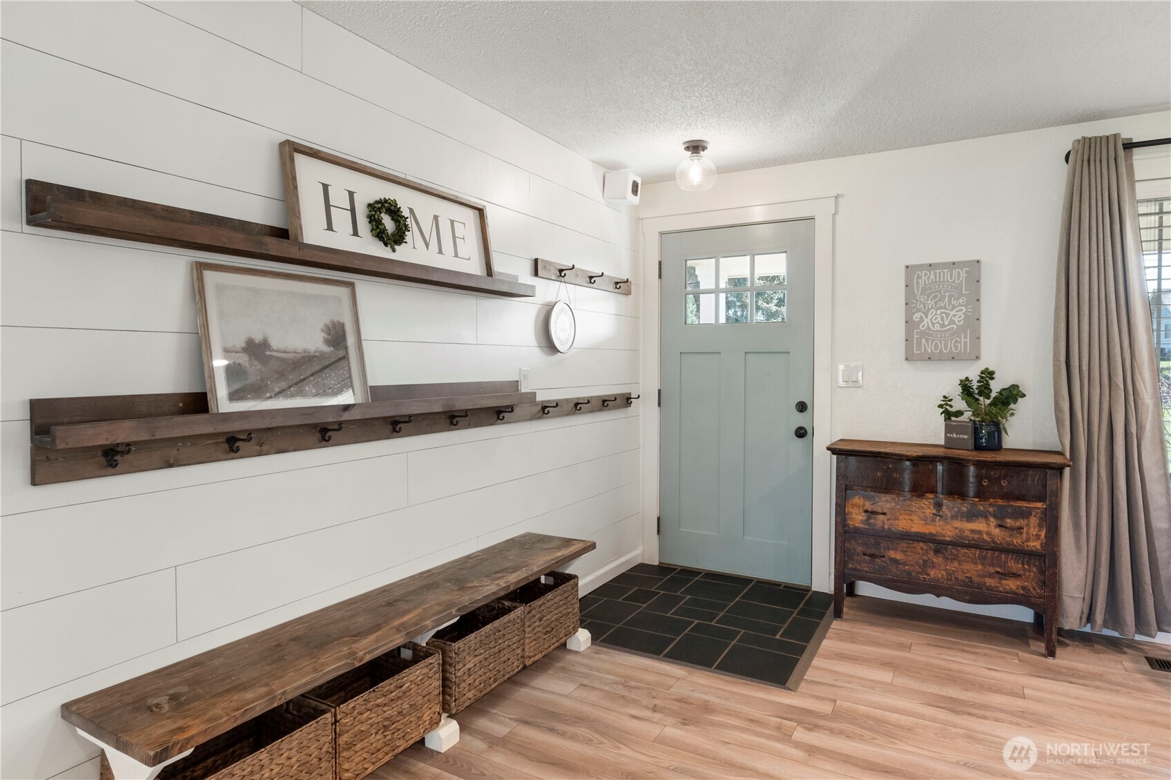 Bench and storage in entry