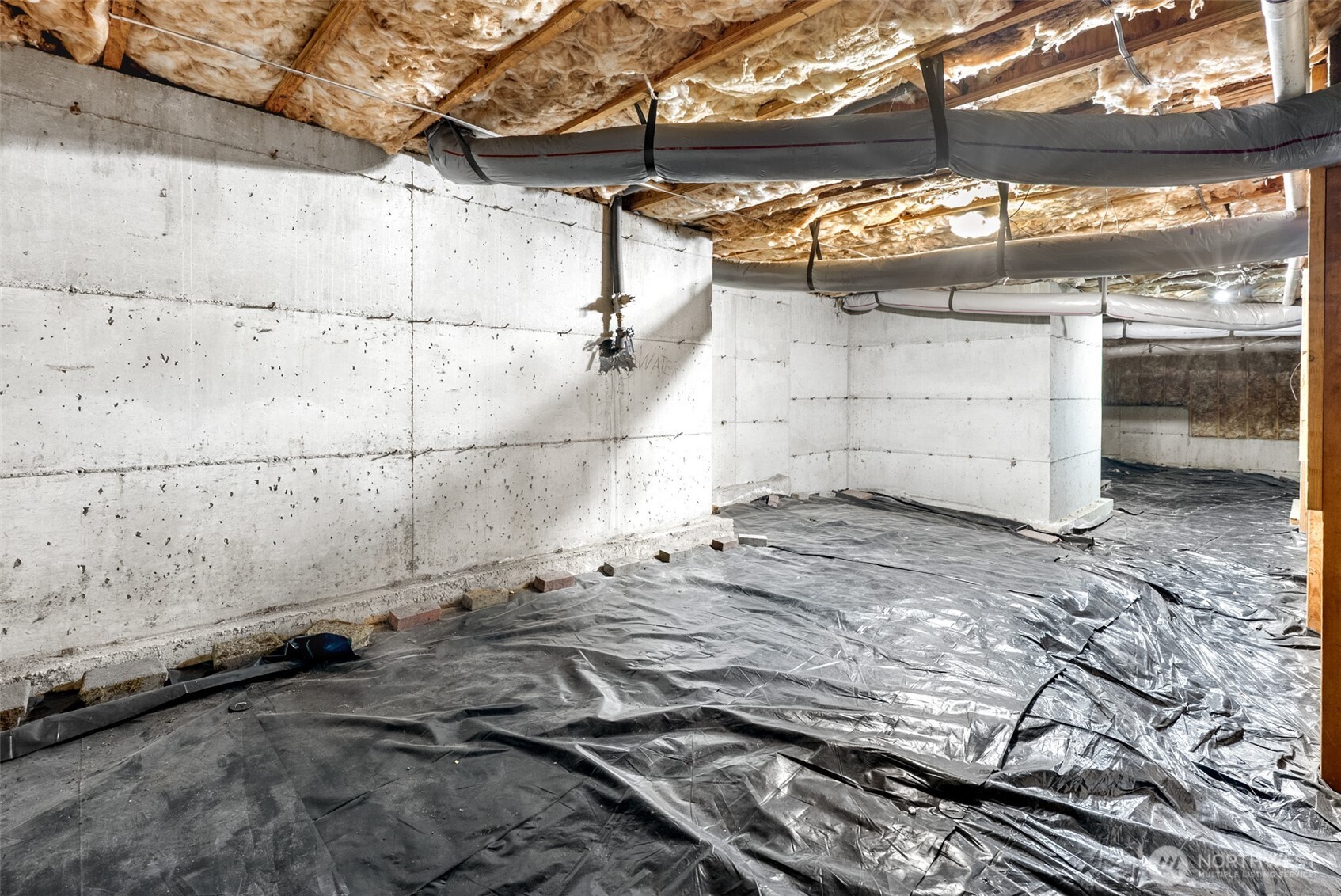 Unfinished crawl space, tall enough to stand in.