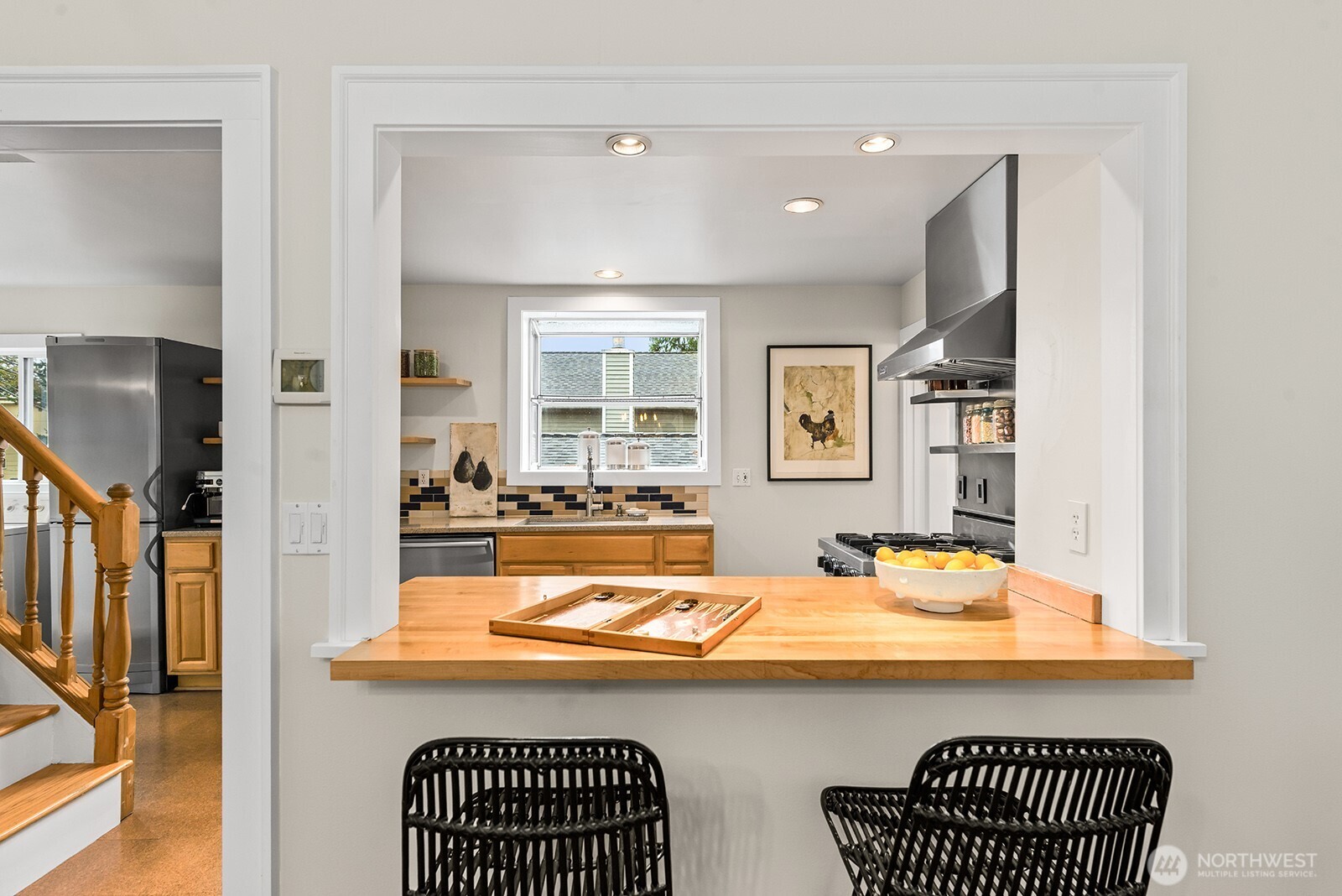 Kitchen counter between the kitchen and dining room.  Great spot for prepping meals and entertaining.