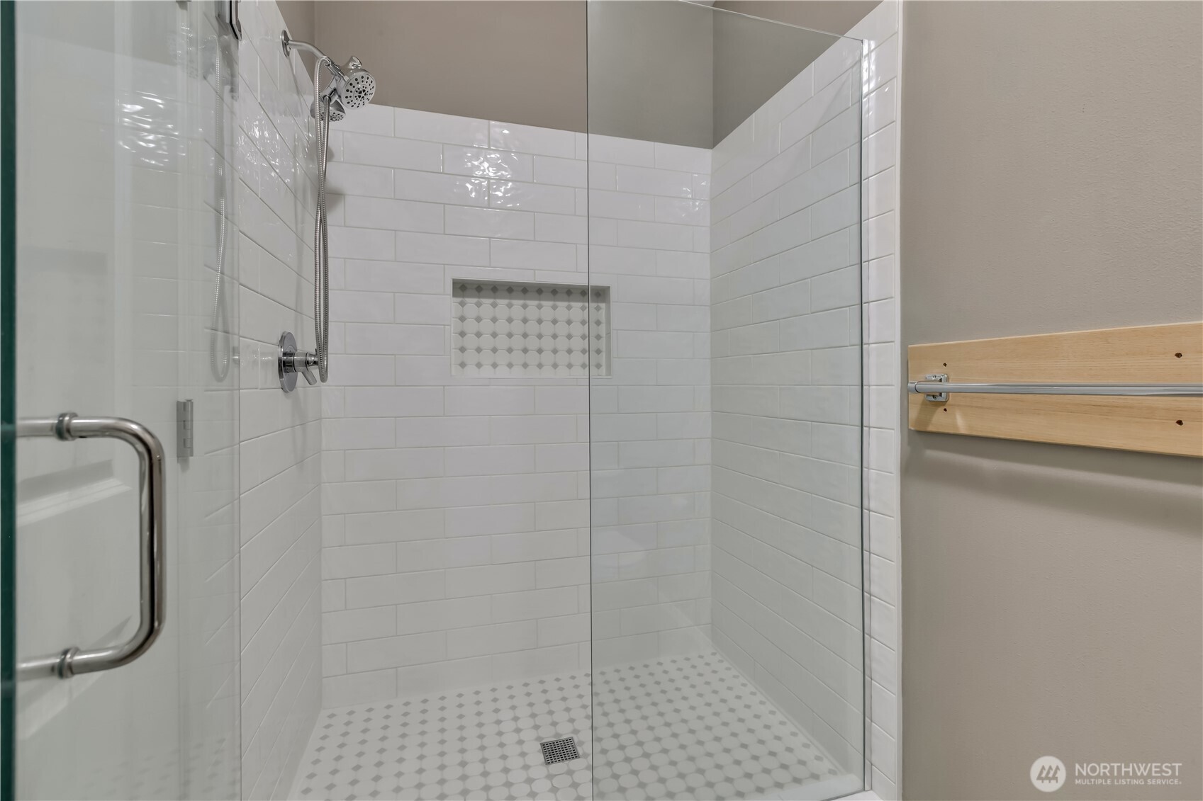 Large walk-in shower in the primary bath ~