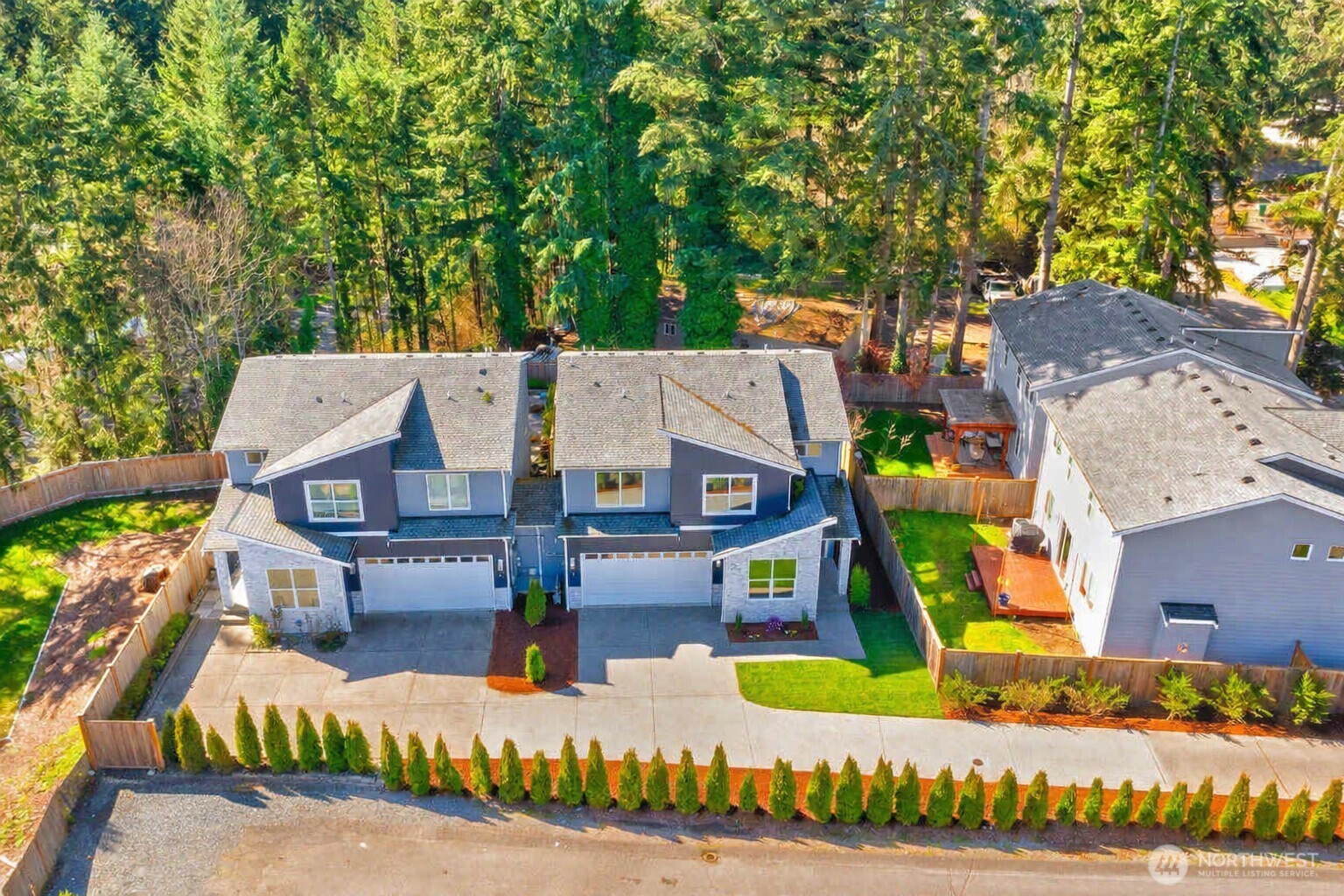 Birdseye View of front driveway lined with arborvitae trees and surrounding area