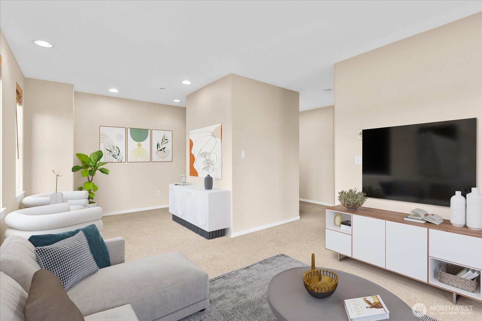 Virtually staged living room/ flex space.