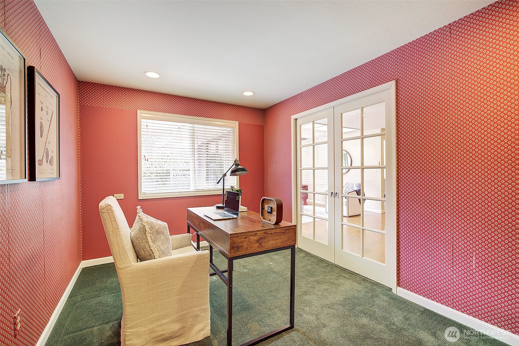 Privacy in office with glass paneled pocket doors.