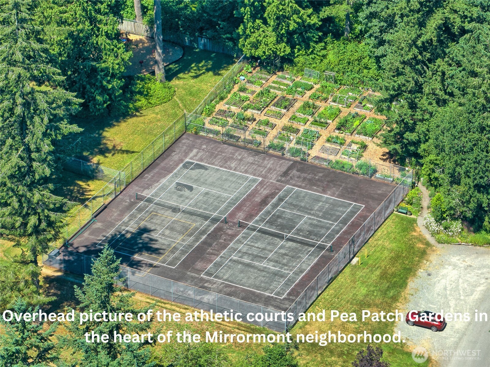 Sport Court and pea patch garden areas.