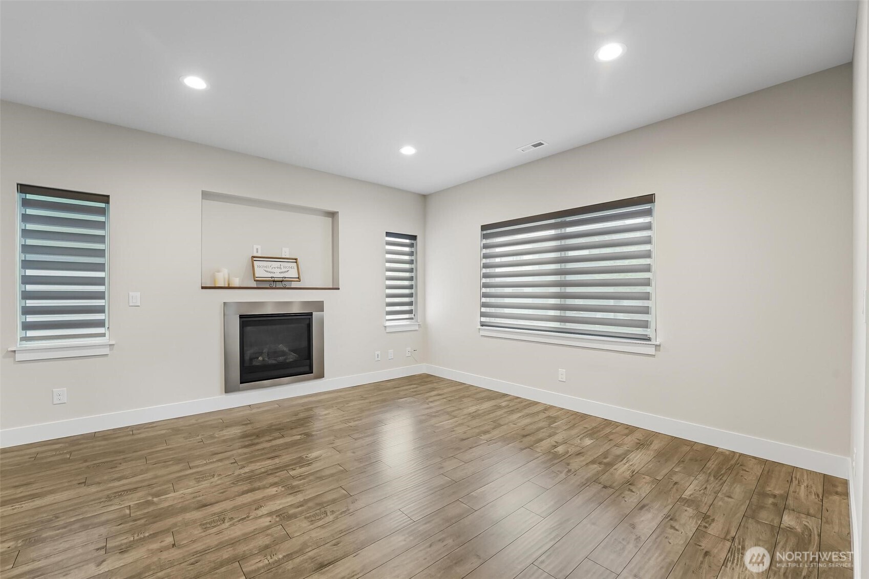 Gas fireplace, designer window coverings