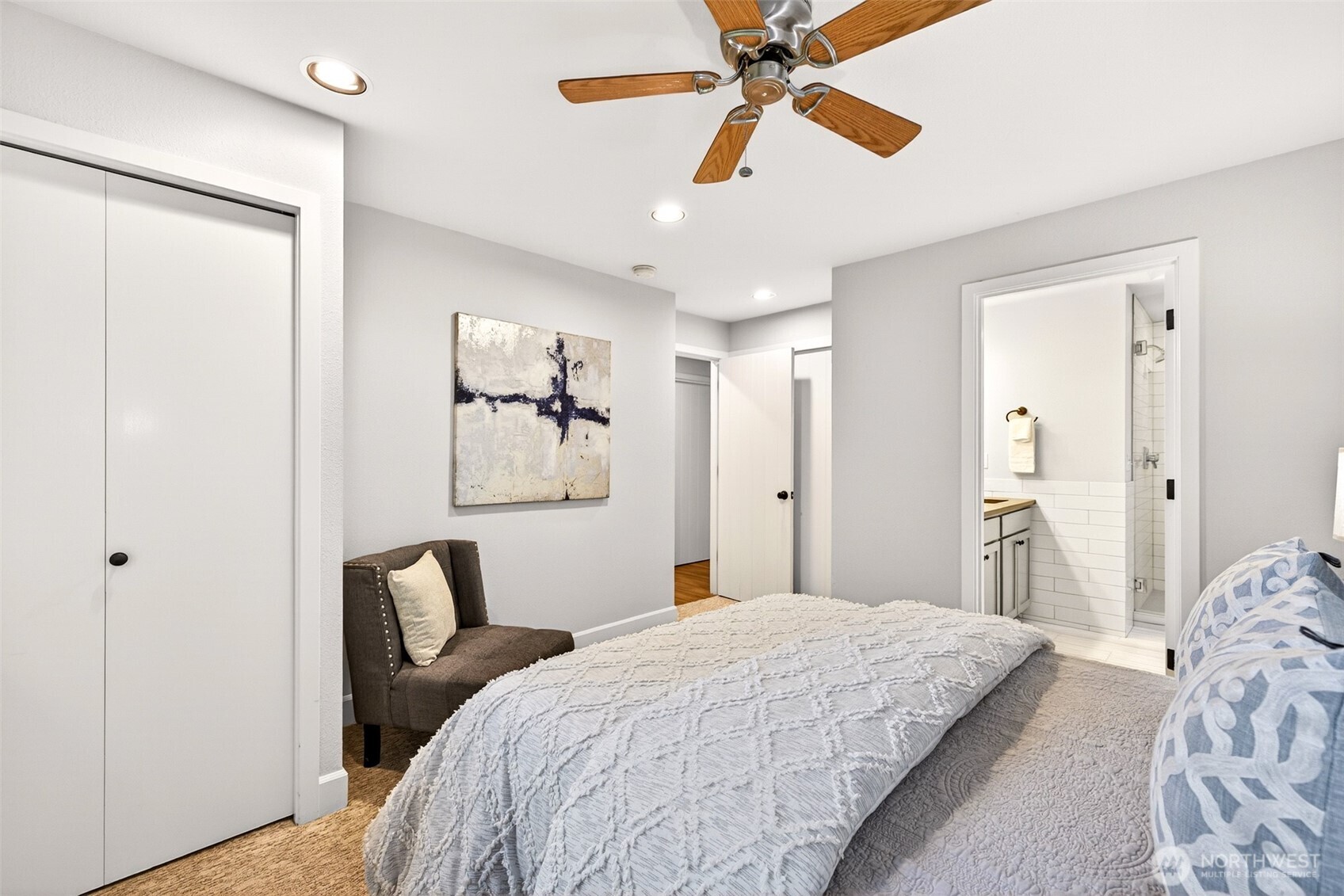 Dual closets, and direct access to the fully updated 3/4 en-suite bath — everything a primary bedroom should deliver, without compromise. Plush carpet and a clean, neutral palette create an ideal environment for rest and privacy.