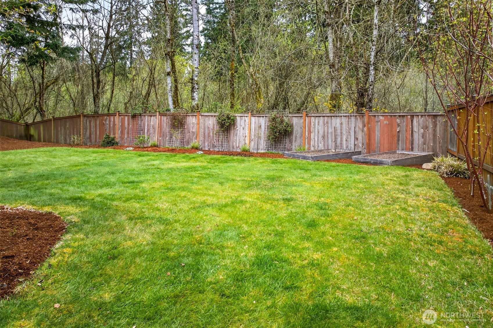 The rear fence line backs directly to a lush, natural greenbelt that provides a permanent privacy buffer with no rear neighbors — ever. Built-in raised garden beds along the fence add a practical, charming touch for anyone who enjoys growing their own herbs or vegetables in the Pacific Northwest's ideal growing climate.