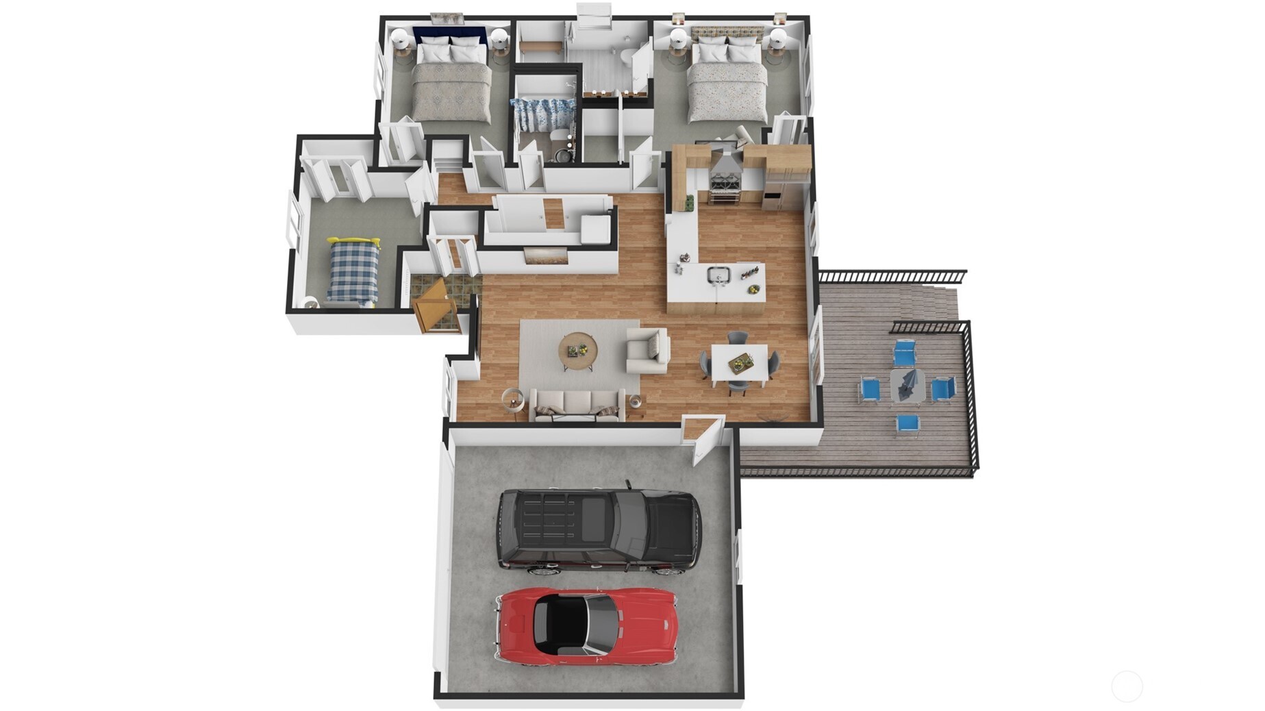 This rendered floor plan brings the home's single-level layout to life, clearly illustrating the seamless flow from the two-car garage through the open-concept living, dining, and kitchen areas to the rear deck — with all three bedrooms, two baths, and laundry tucked privately off the main hallway. The layout makes exceptional use of every square foot, with no wasted space and a natural connection between indoor living and the outdoor greenbelt beyond.