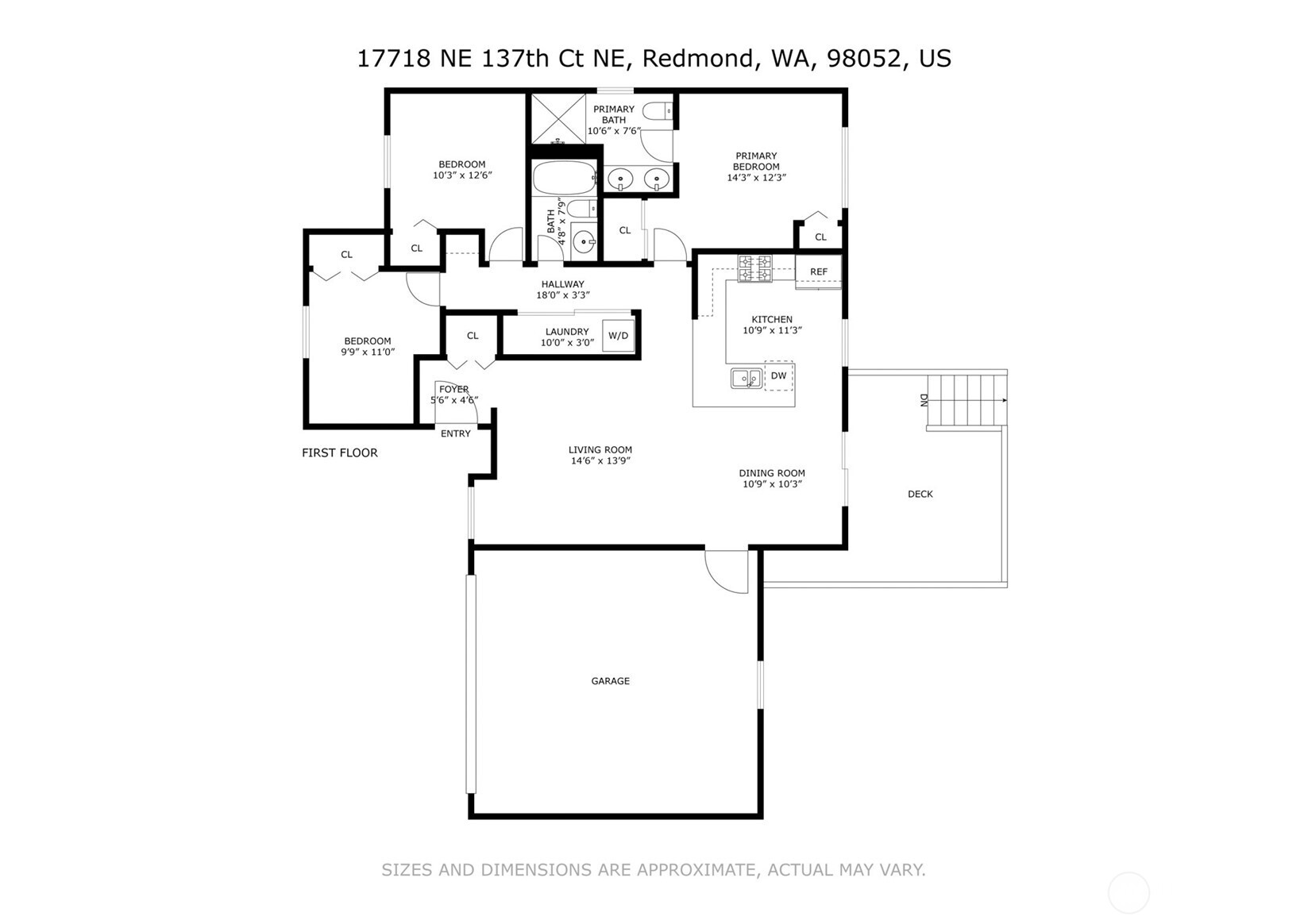 The dimensioned floor plan confirms what buyers will feel the moment they walk in — a thoughtfully designed single-level home where the primary bedroom suite, two additional bedrooms, and full hall bath are all conveniently located off a central hallway, while the living room, dining room, and kitchen occupy the open, light-filled heart of the home. With a dedicated laundry area, foyer entry, two-car garage, and rear deck all clearly defined, this layout delivers the functionality and flow that today's buyers prioritize.