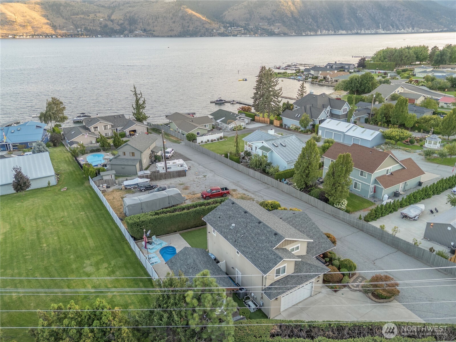 3 houses up from the lake with shared waterfront ,dock and bouey. On private dead end