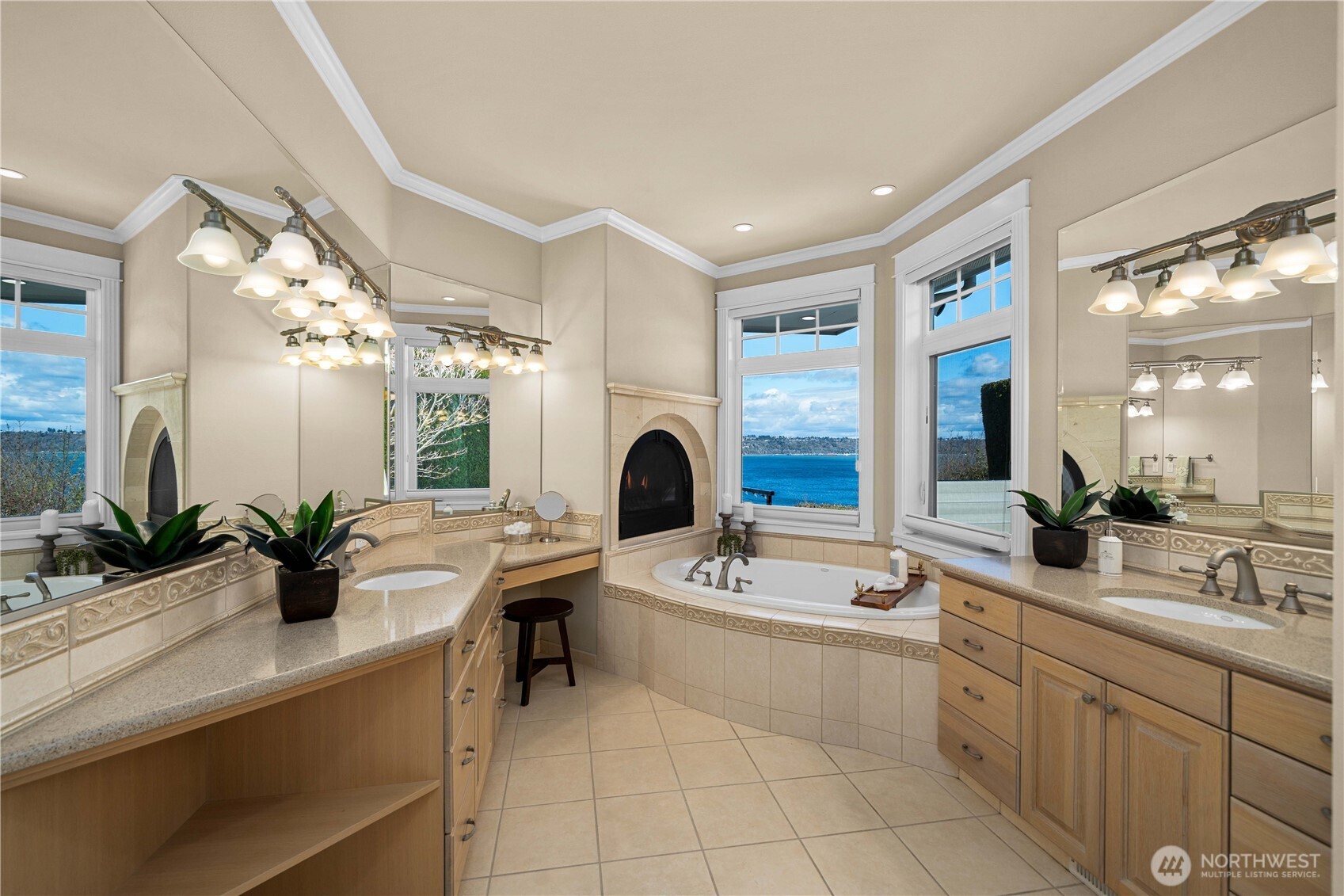 primary ensuite with fireplace and soaking tub