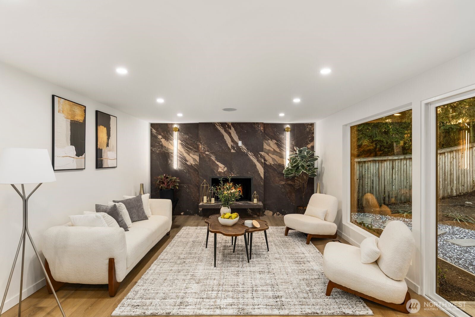 Living room with wood fireplace