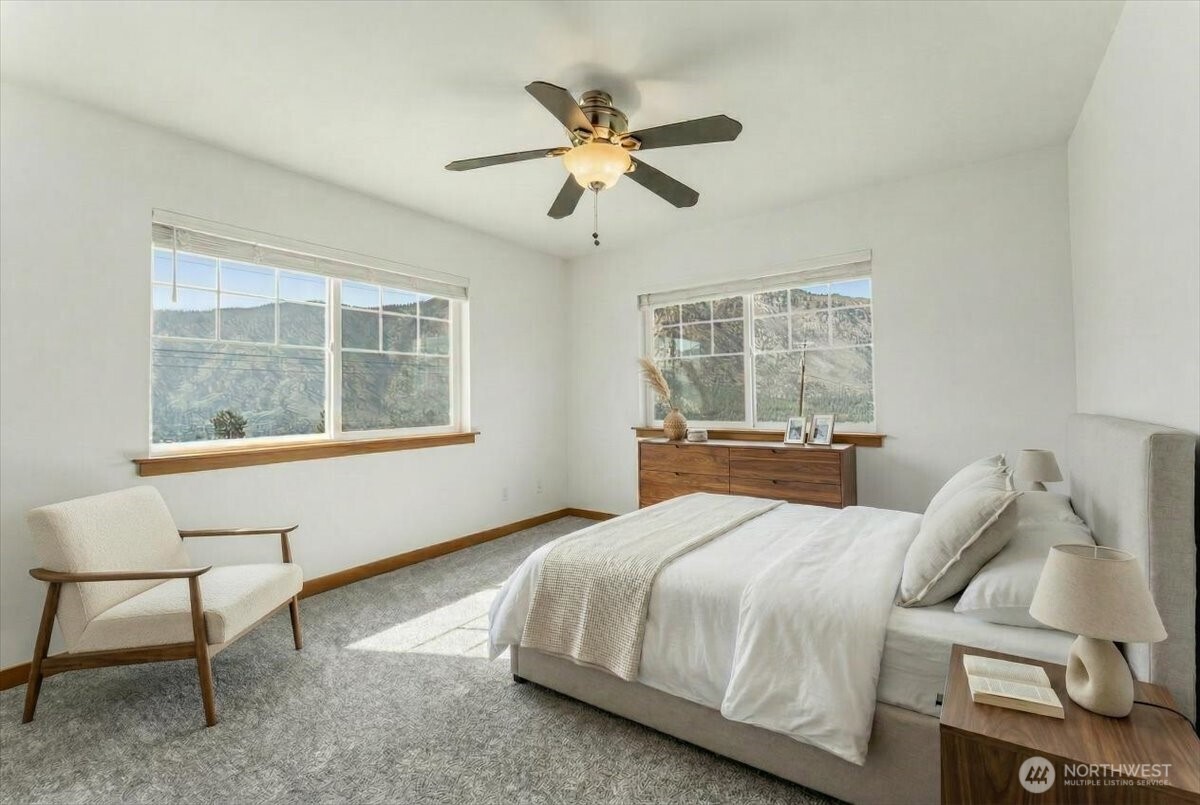 Virtually Staged bedroom 1 of 2 in space above the shop