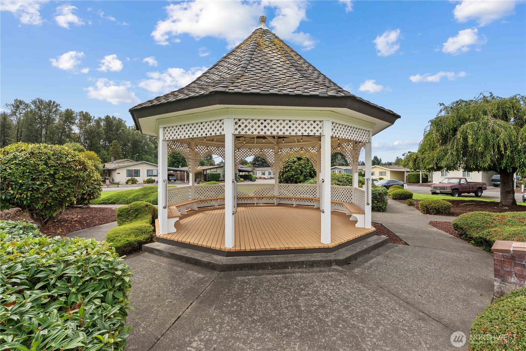 During the holiday season, the community puts a Christmas tree in the gazebo and it's a wonderful festive view.