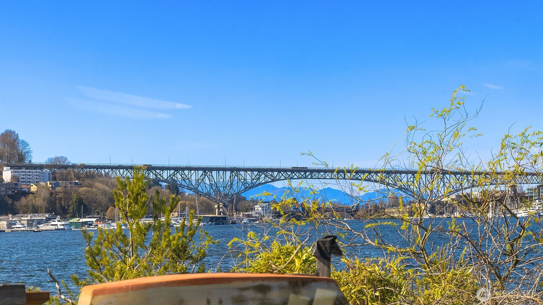 The graceful arc of the Aurora Bridge stretches across the far end of Lake Union, visible from the property and a beloved part of the daily view from the rooftop deck.