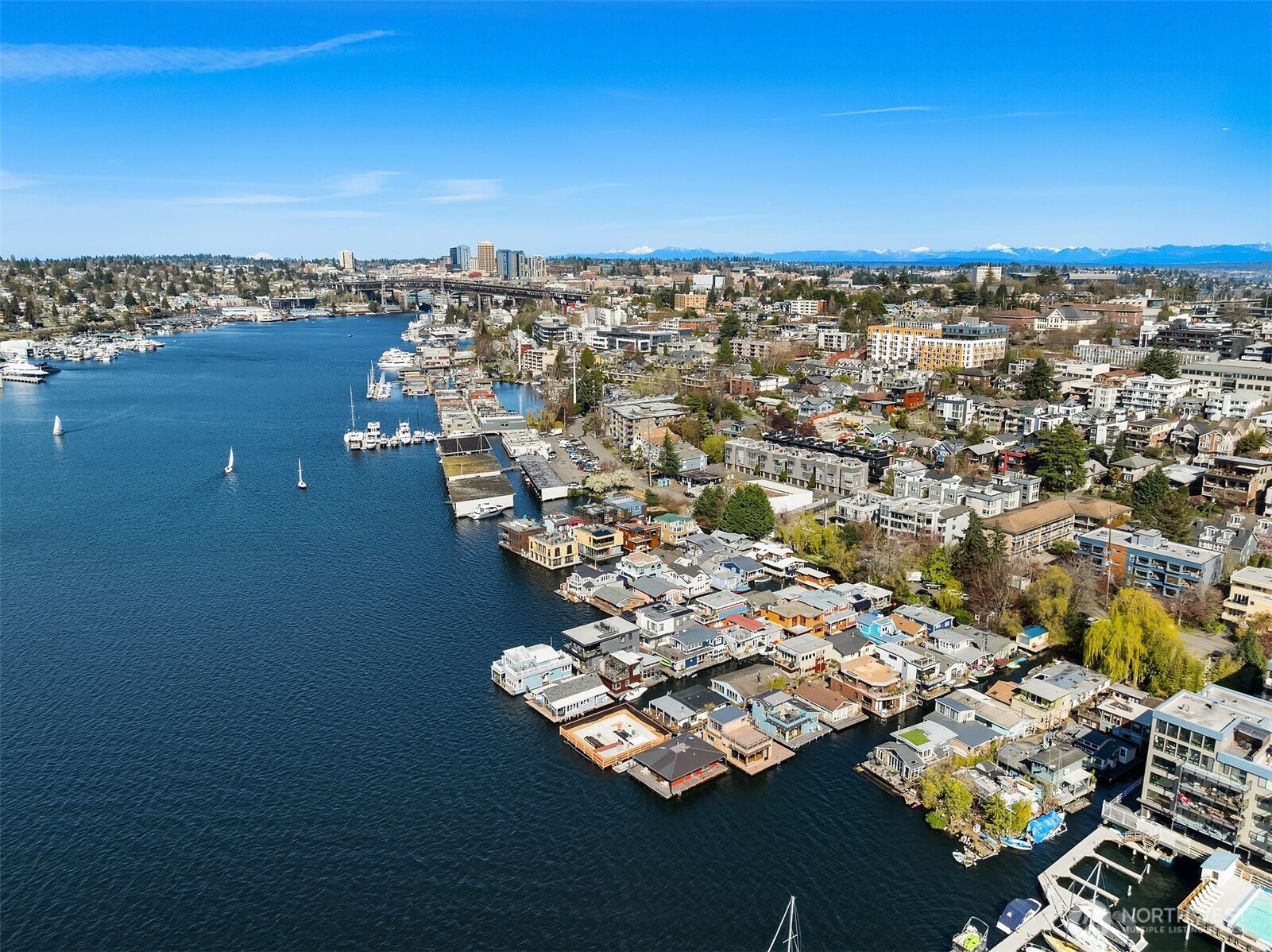 A broader aerial shows the full geographic context: Lake Union connecting Eastlake to the city, with the mountains to the east and the urban core to the west.