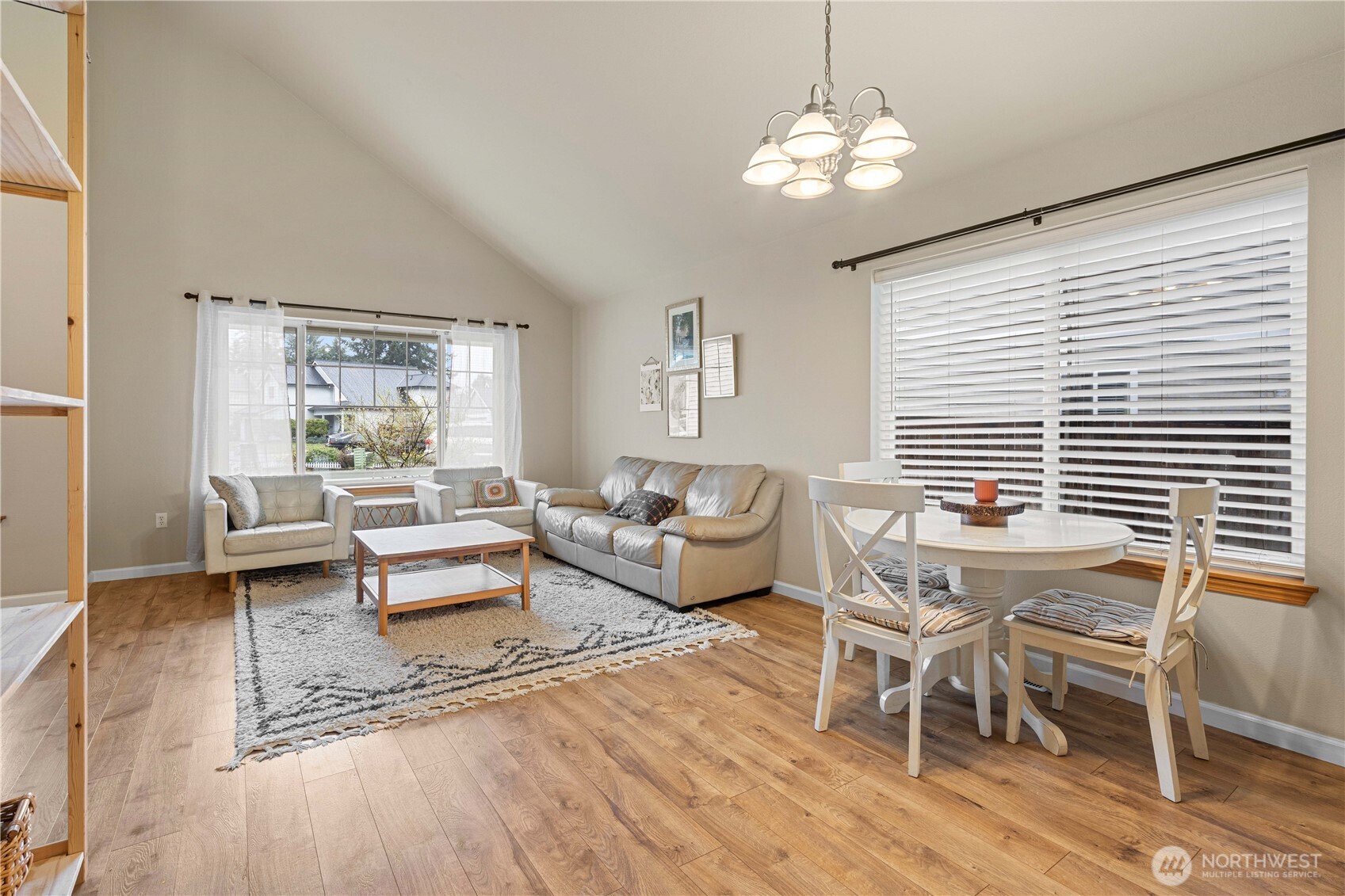 Dining space flows into the living room.