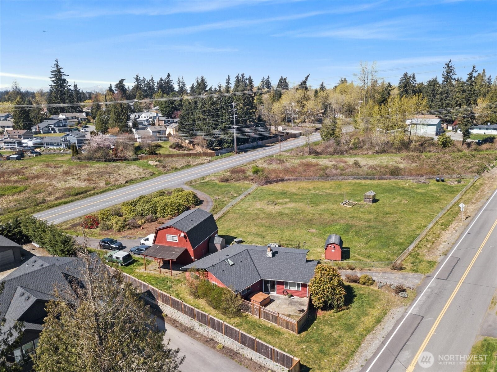 home, detached garage, carport, circular drive, land