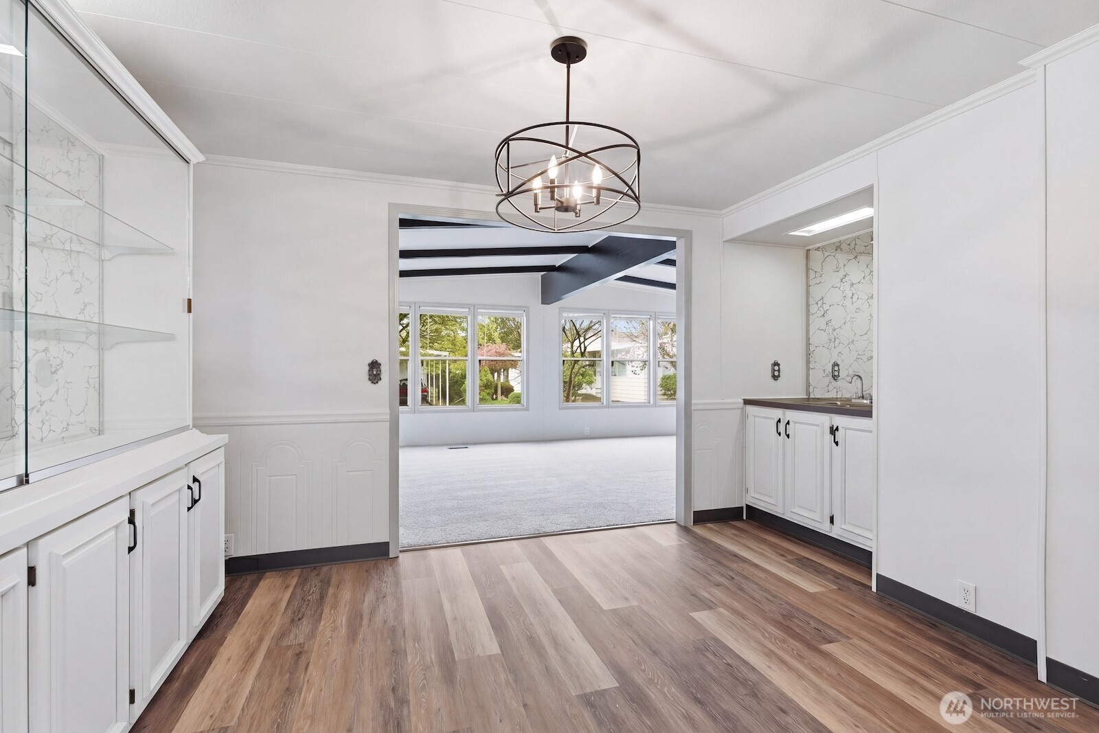 Dining room with wet bar and lots of built in storage
