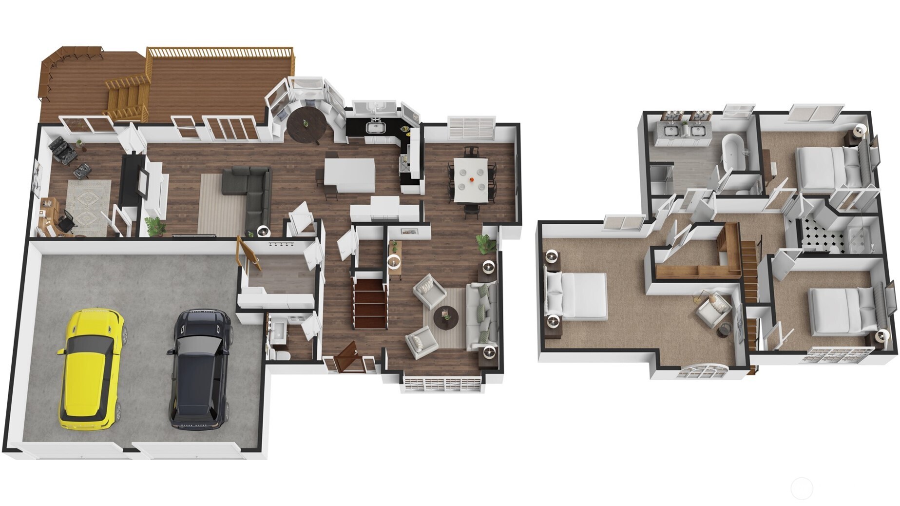 This detailed 3D floor plan brings the home's layout to life — showcasing the seamless flow between the main-level living, dining, kitchen, and family room spaces, the two-car garage, multi-level deck, and the well-appointed upper level with primary suite and secondary bedrooms.