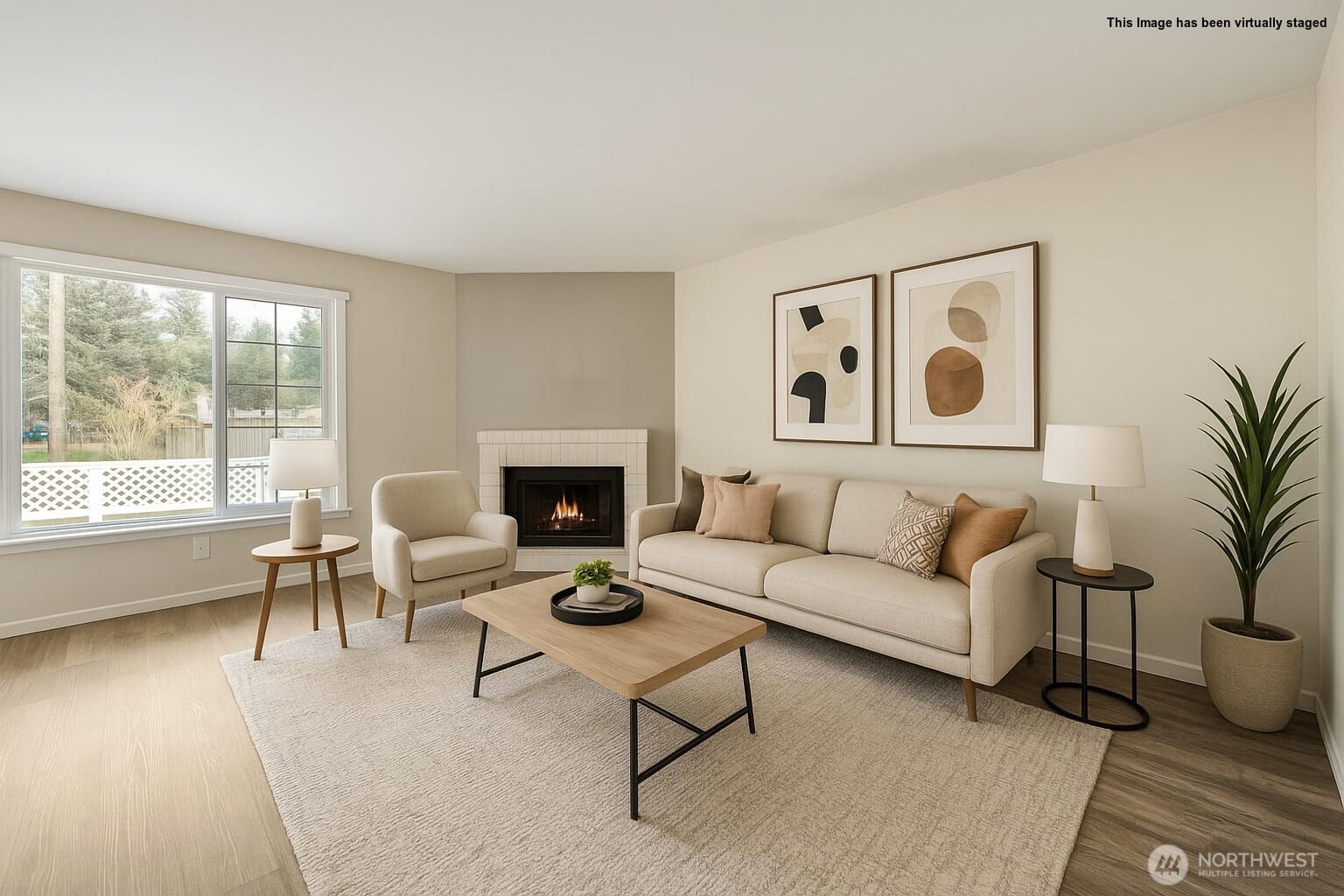 Living room with wood burning fireplace