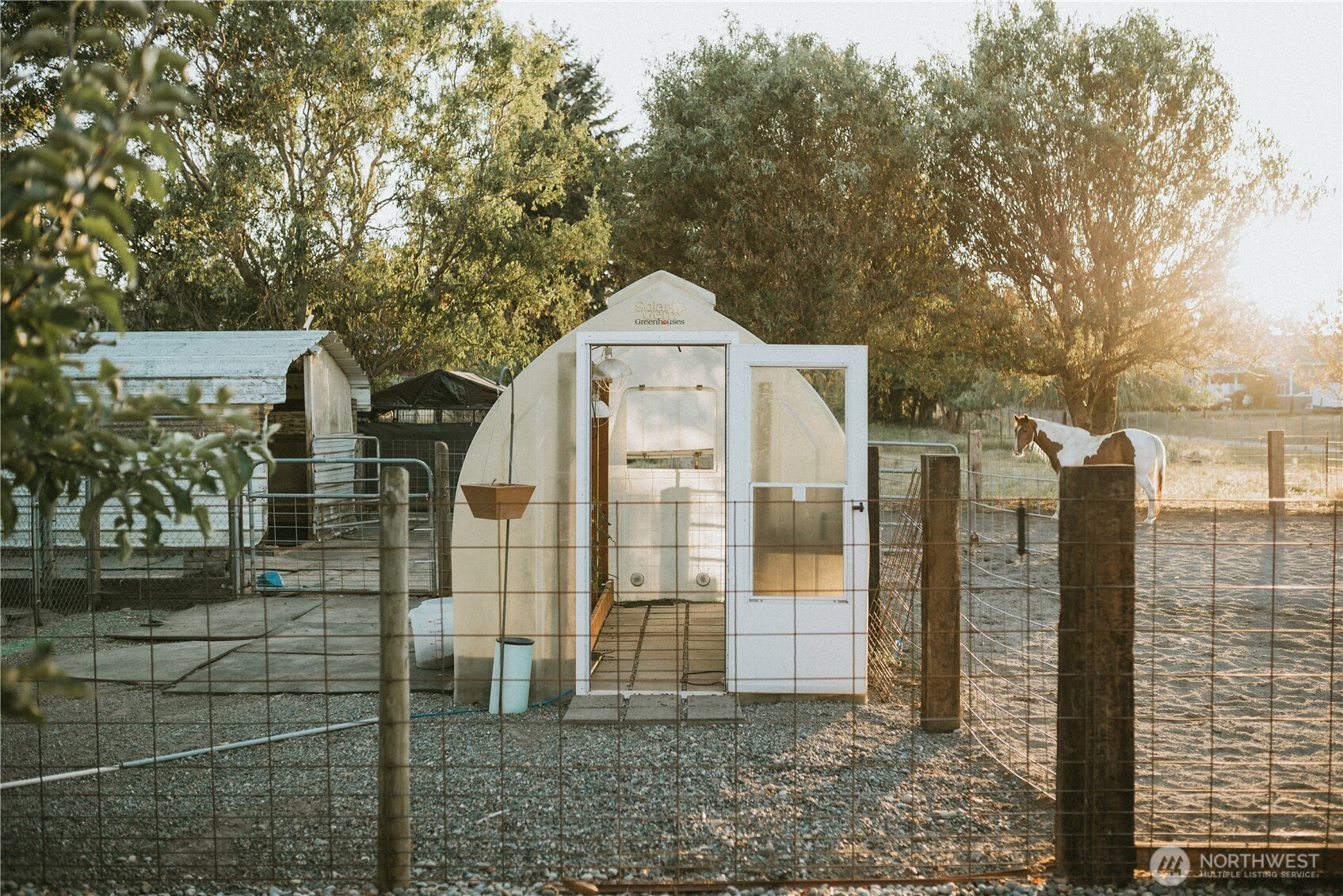 Greenhouse next to horse arena, chicken coop and orachard.