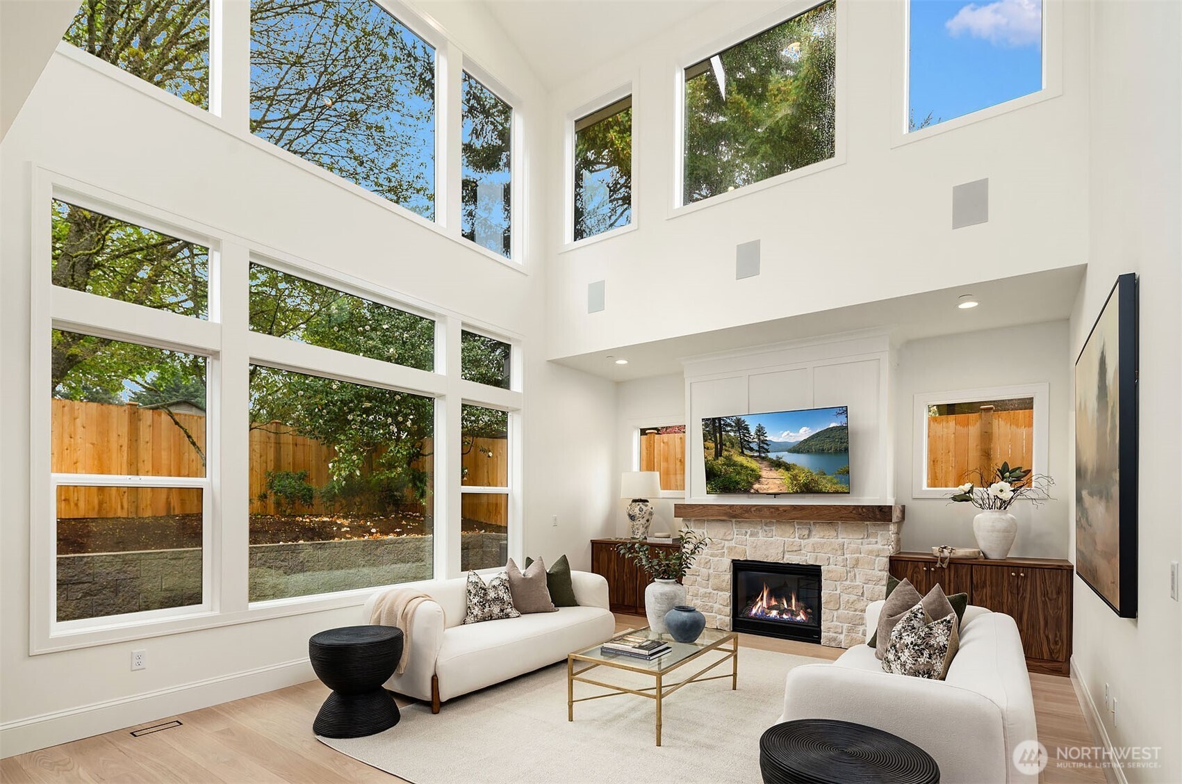 Two story great room that overlooks the private backyard