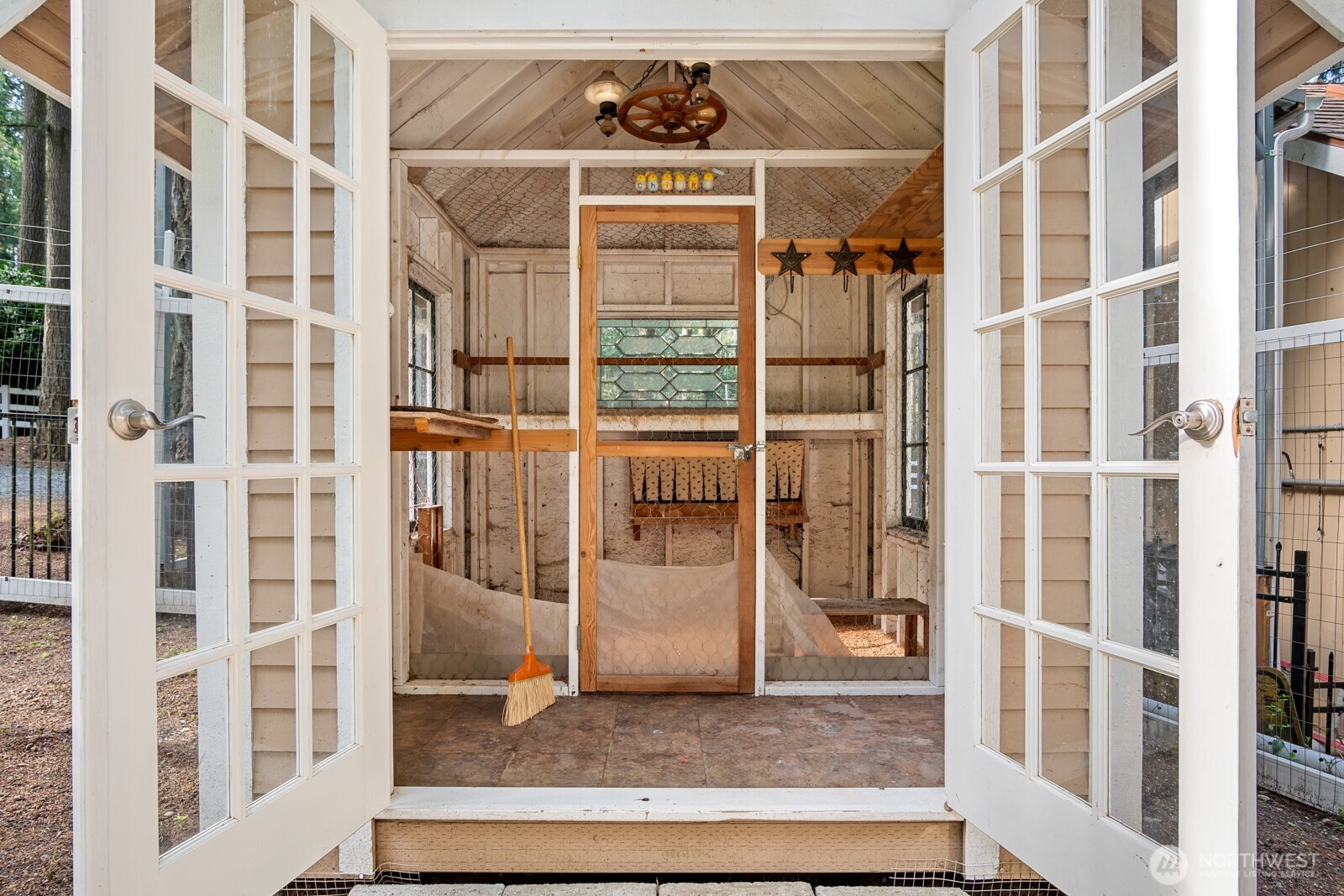 Leaded glass window in the chicken coop