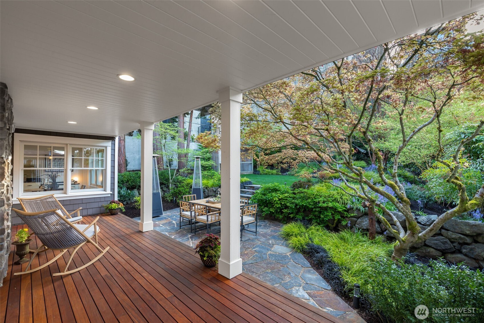 French doors lead to the backyard.