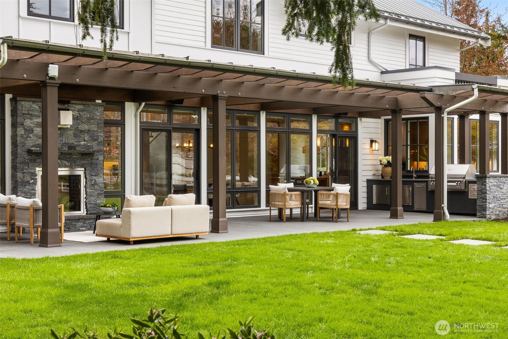 Relax on the slate terrace by the fireplace.