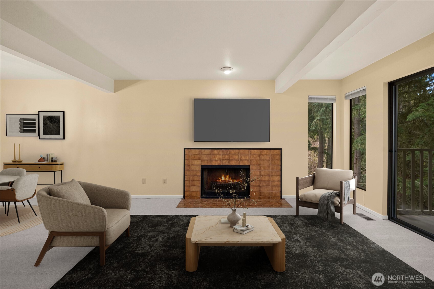 Enjoy the cozy living room and fireplace! Virtually Staged.