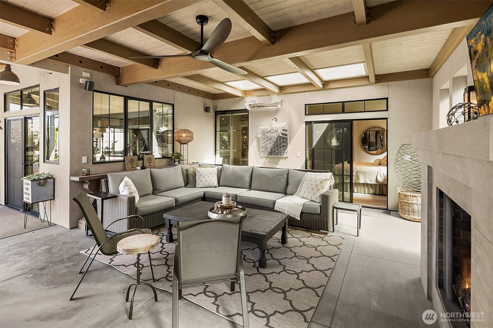 Overhead heating and gas fireplace provides year round enjoyment!