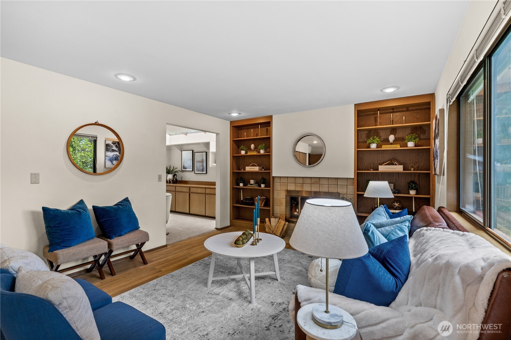 Built-in bookcases flank the gas fireplace - a perfect place to enjoy a cozy evening.