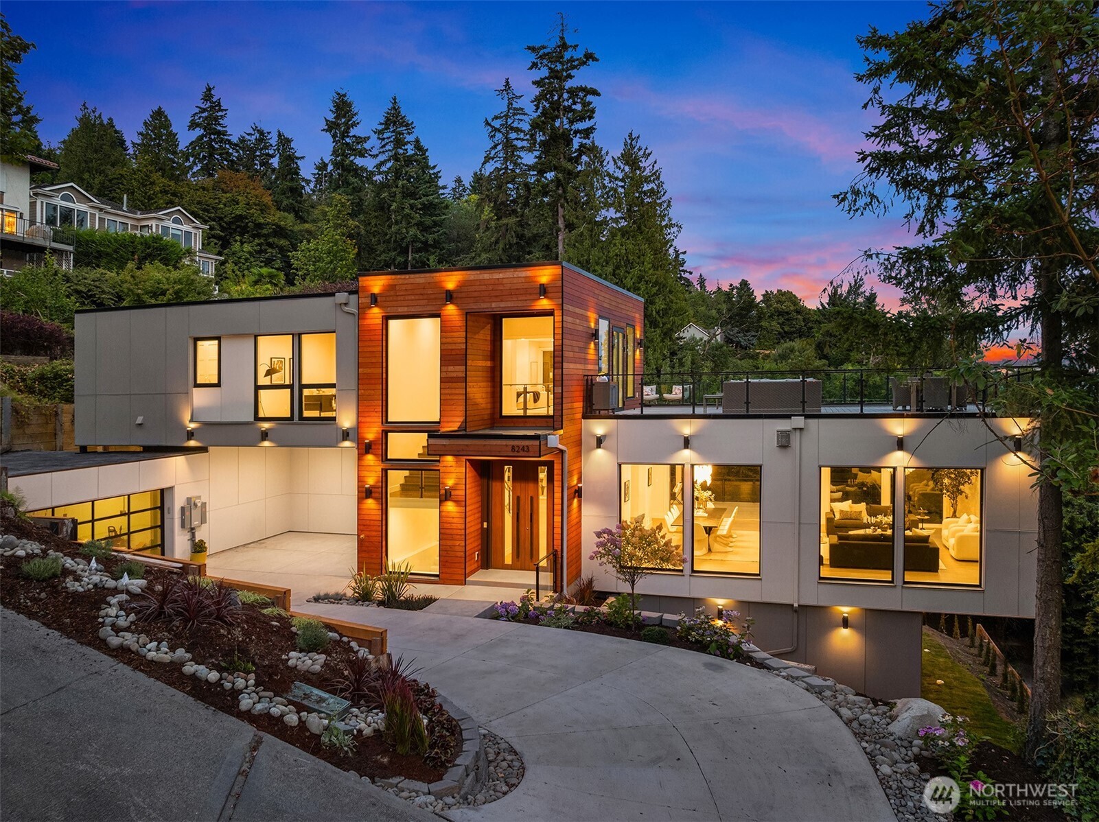 Striking modern architecture illuminated at dusk—an unforgettable first impression