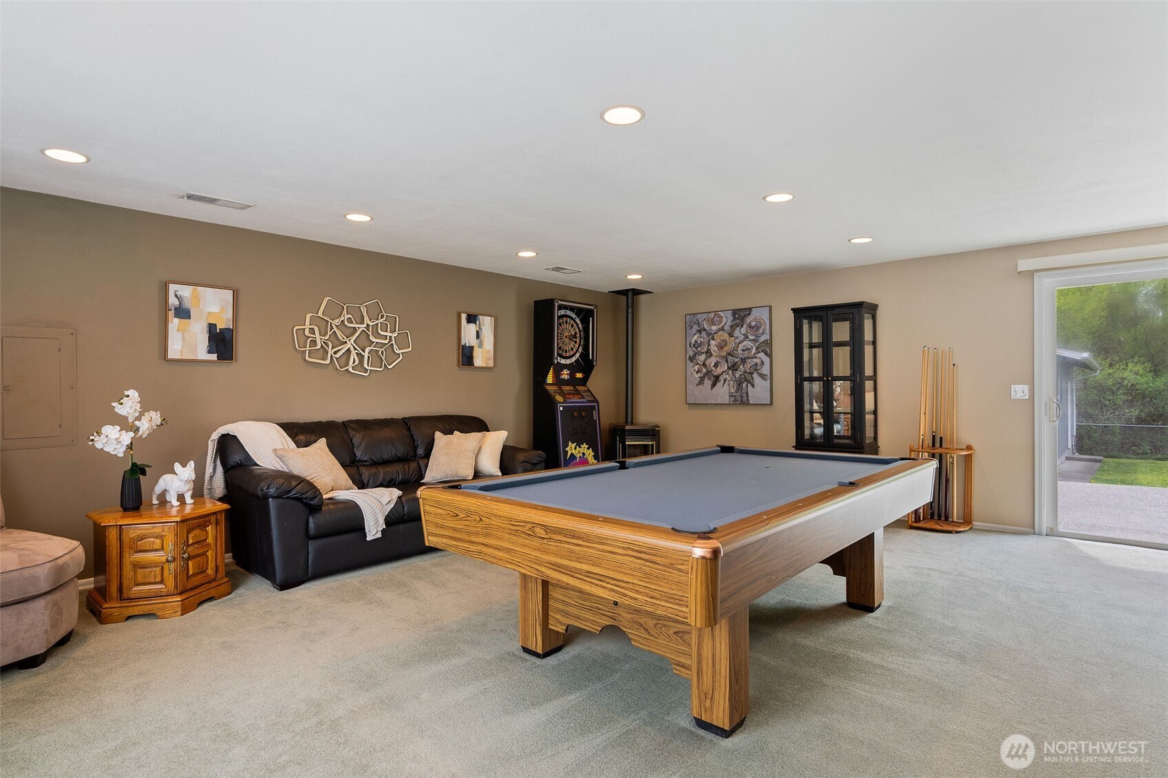 Regulation-sized slate-top pool table is included