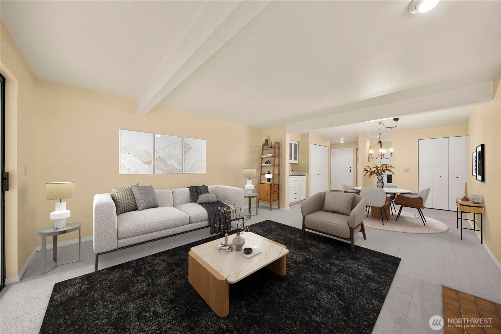 Living Room, Dining Room, and Entryway. Virtually Staged.