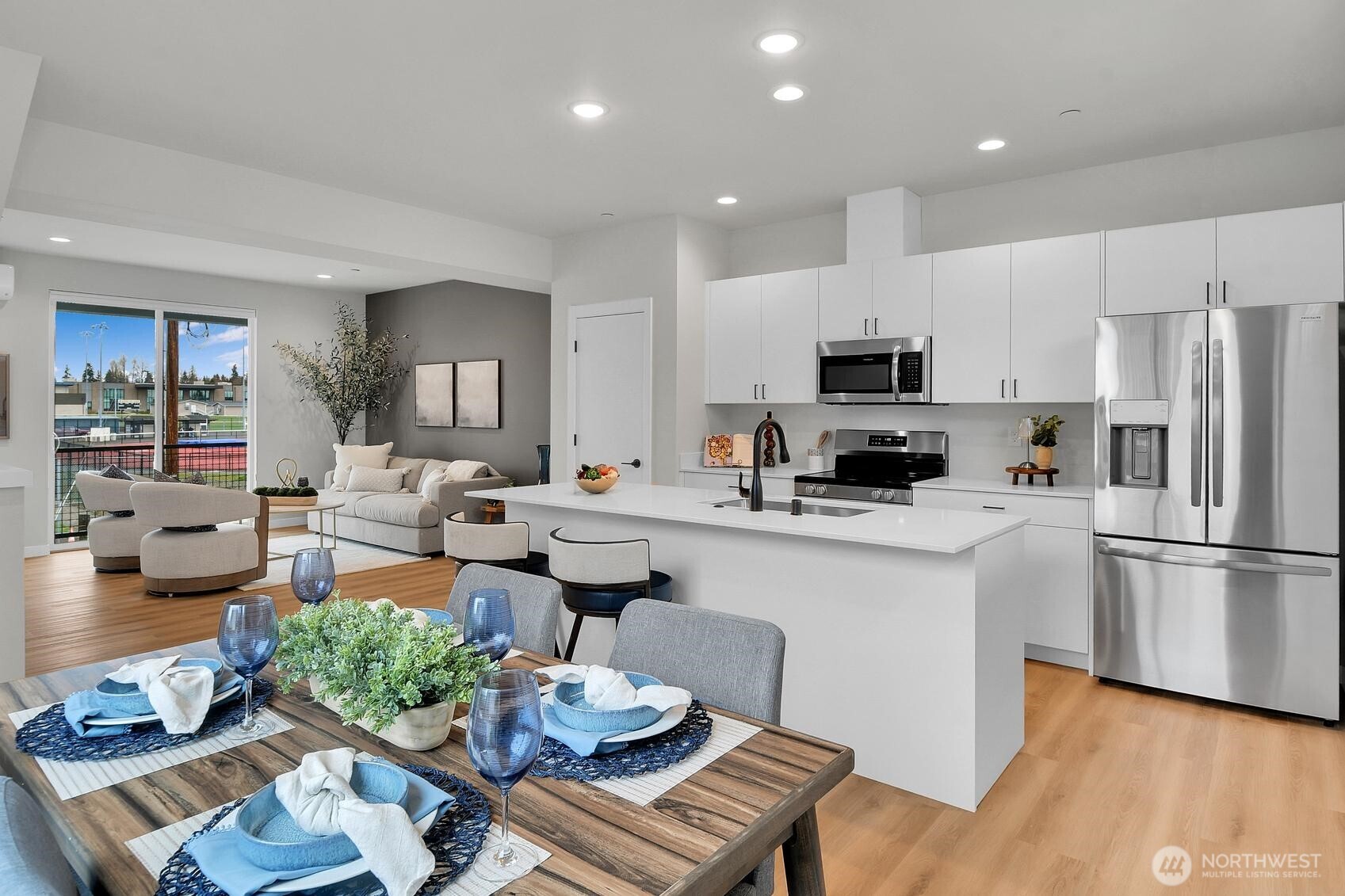 Living, dining and kitchen all in one wide open space.
