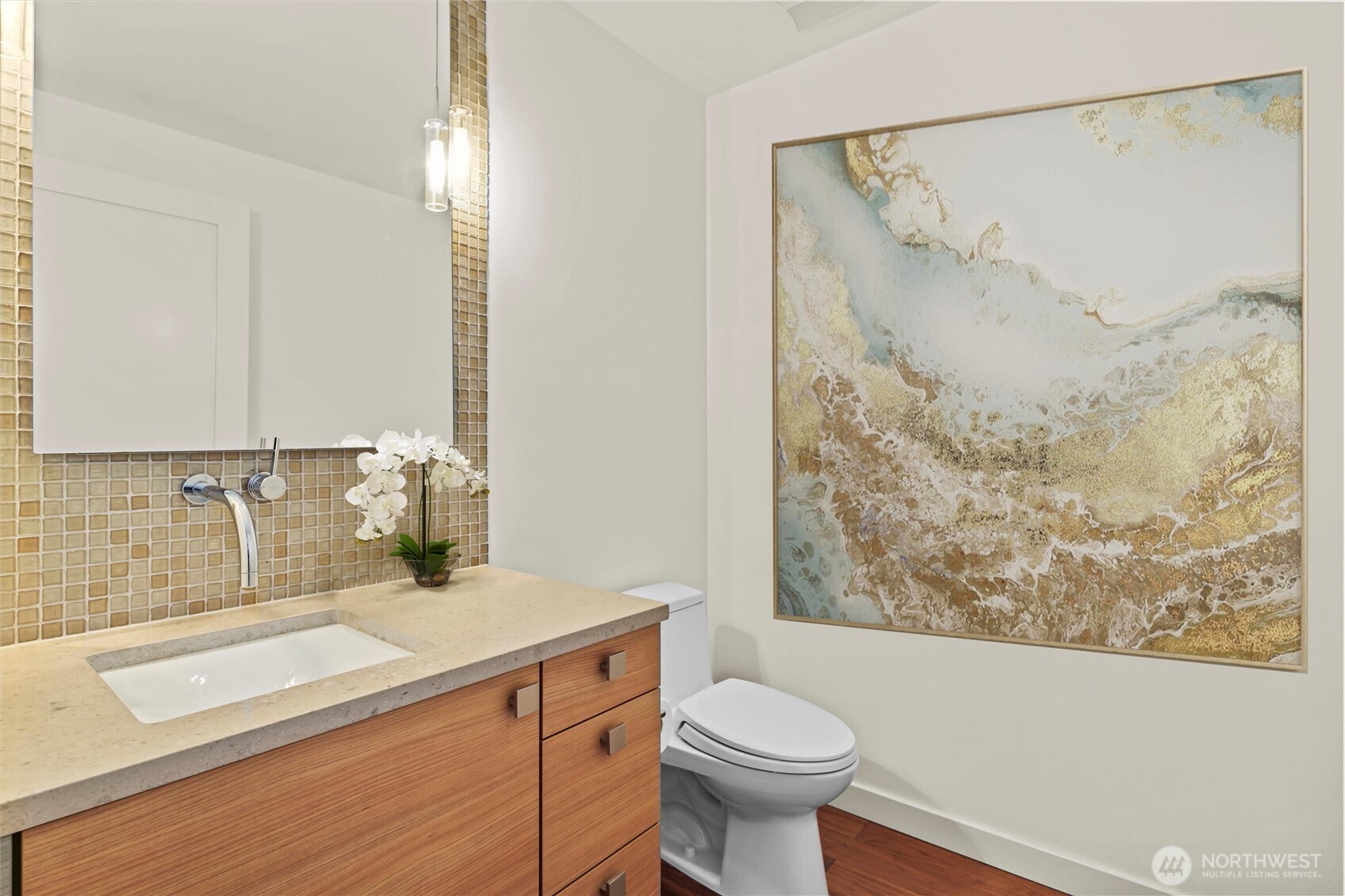 This beautifully appointed residence is framed by floor to ceiling windows and 9 foot windows.