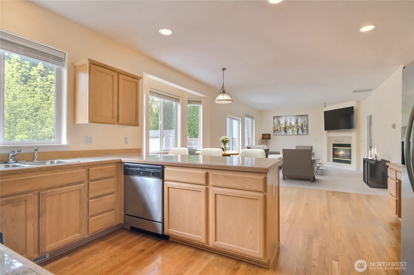 virtual staged - kitchen to family room view