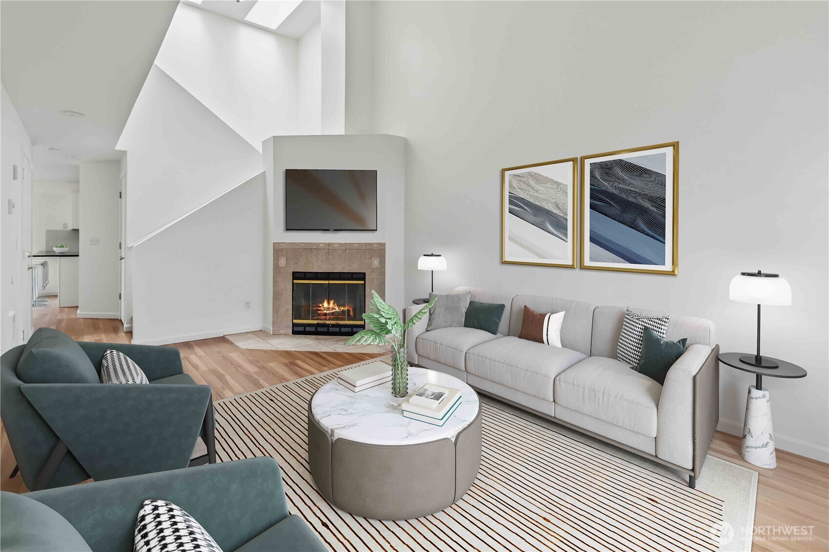 Virtual Staged- Living Room with Vaulted Ceiling