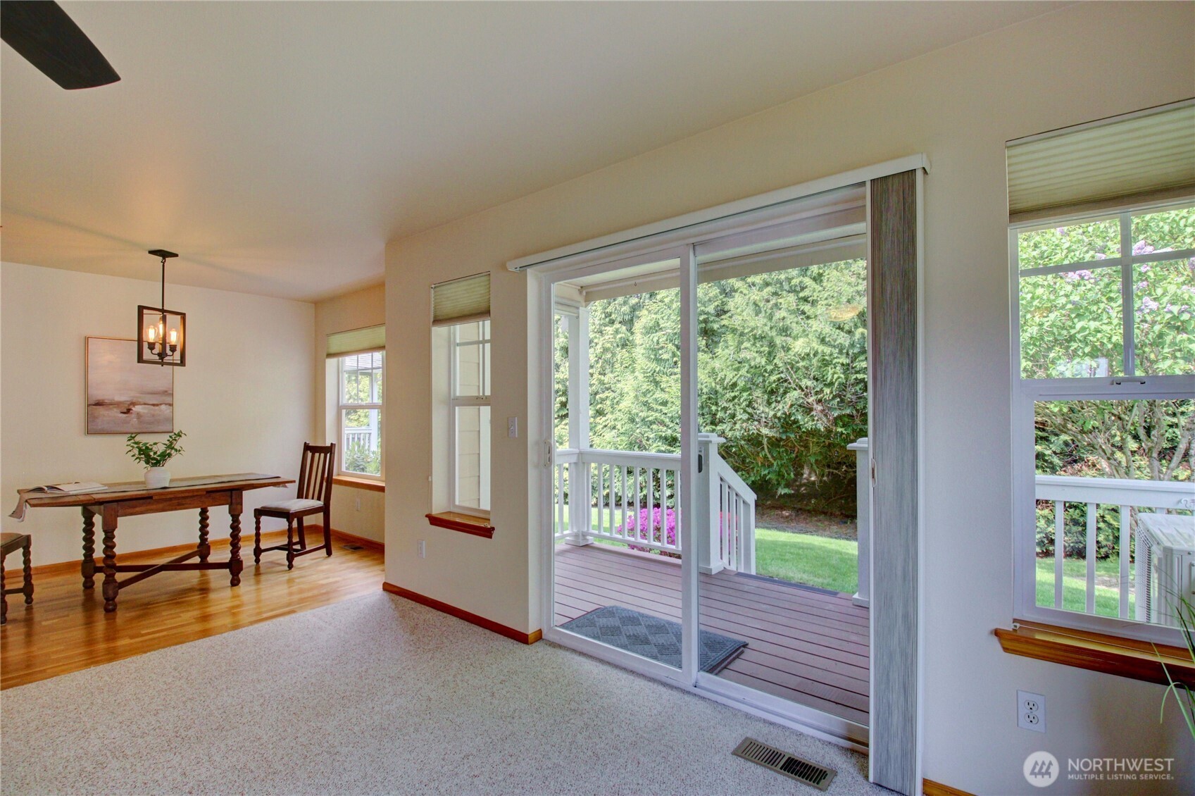 Back deck access with beautiful border of trees.