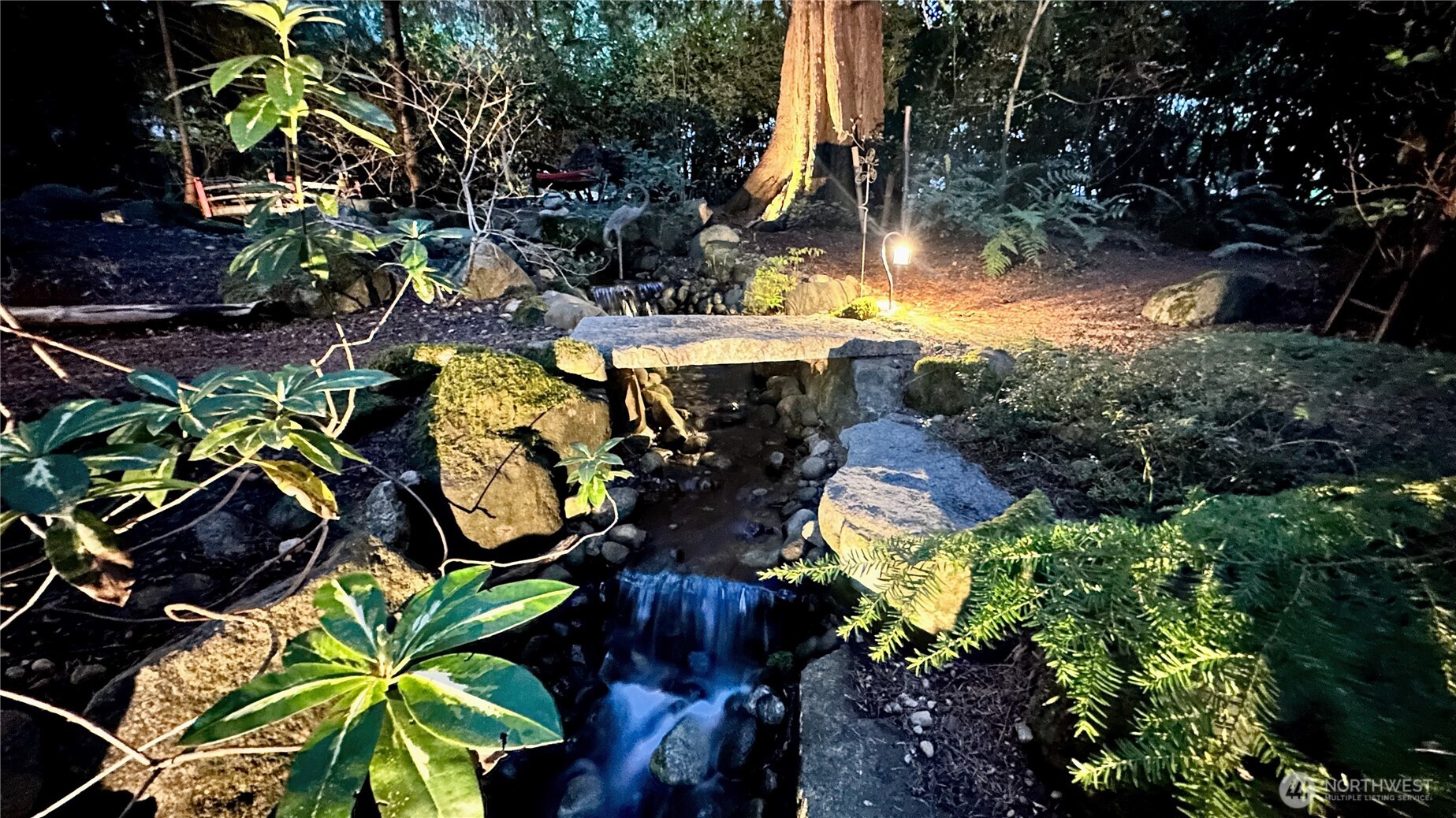 At sunset, the LED landscape lighting comes on automatically, and the forest takes on an even more dramatic, enchanting presence. It’s the kind of evening backdrop that makes it very easy to linger outside a little longer.