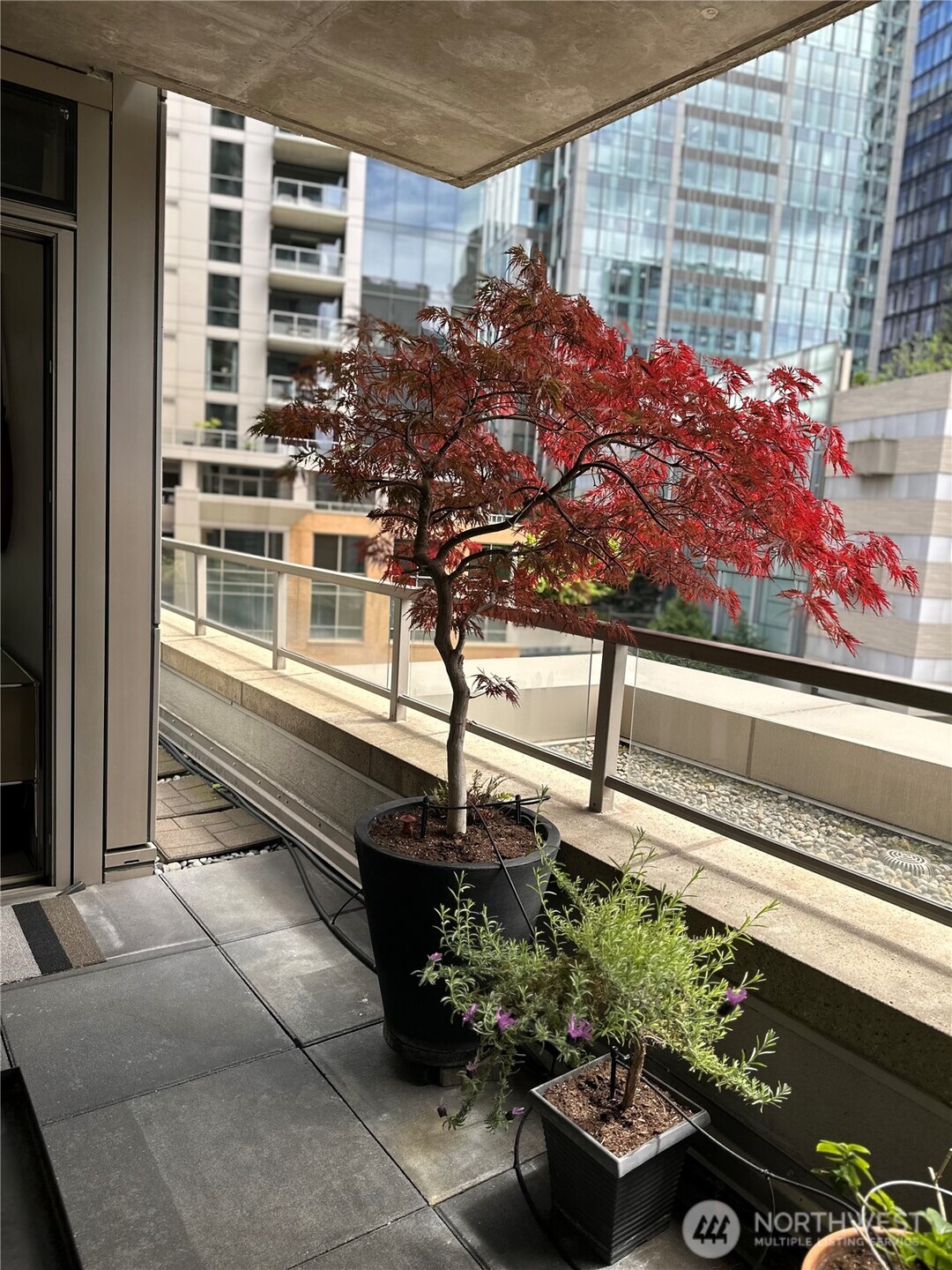 Private terrace with lush planters and space for outdoor seating.