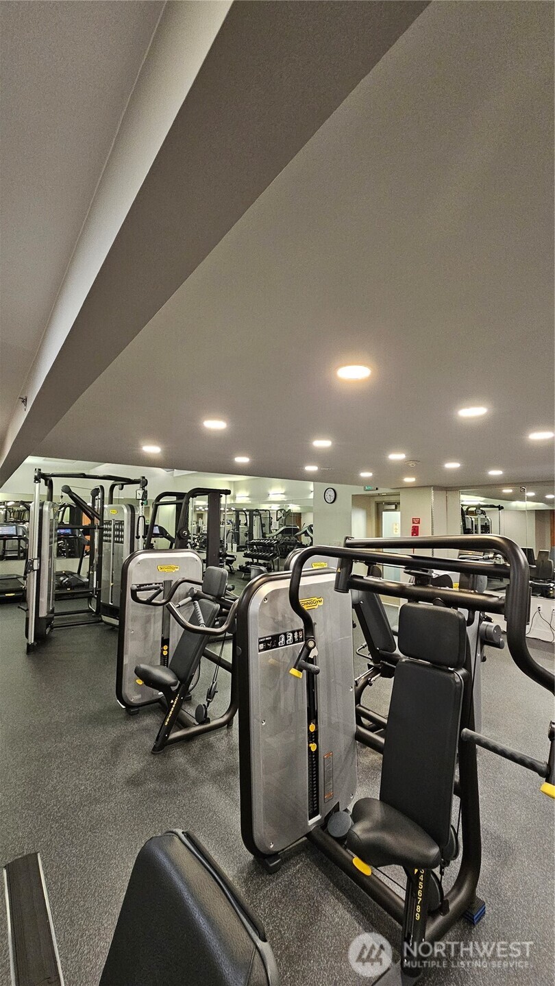 Spacious gym with strength and cardio equipment.