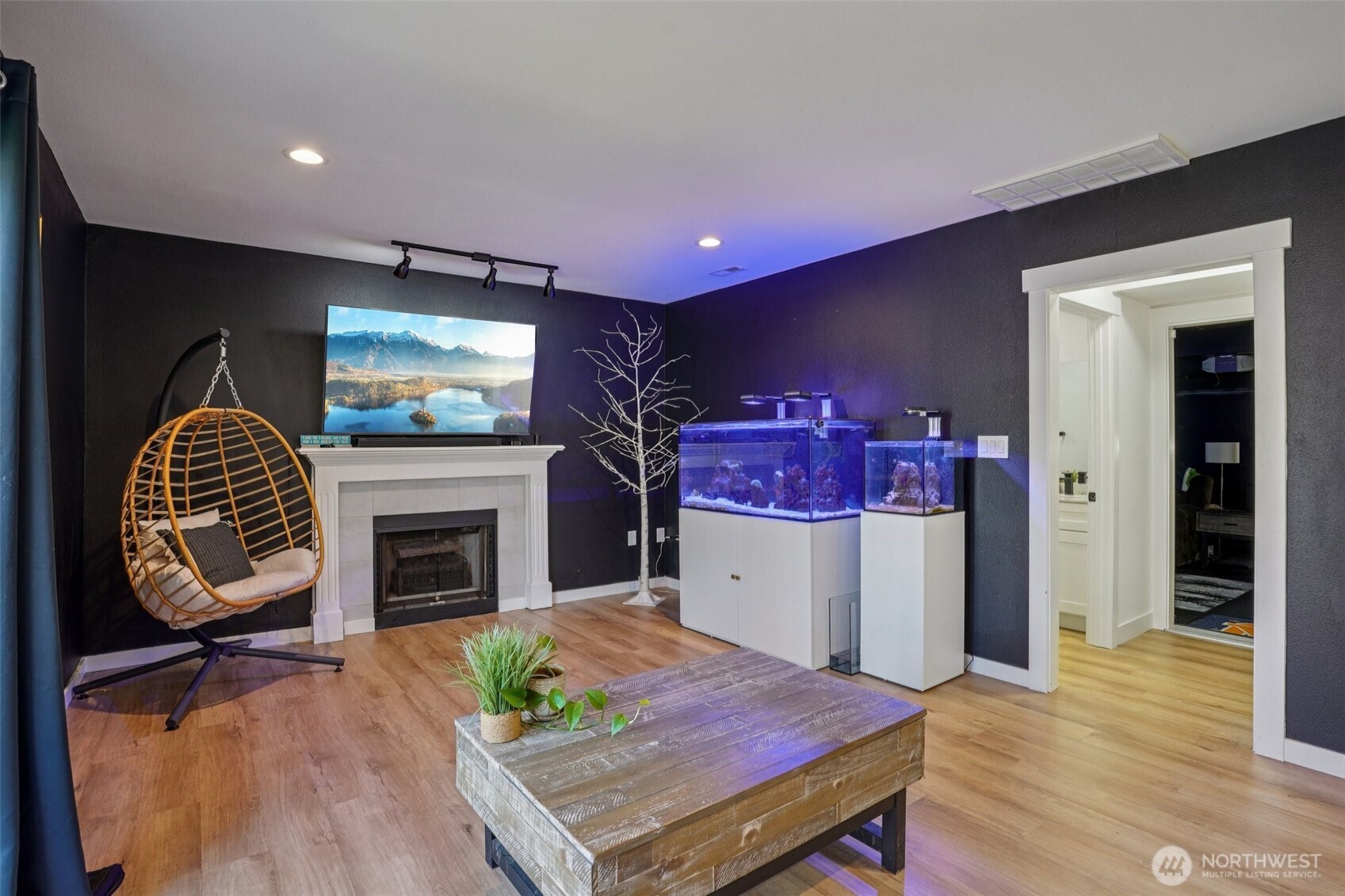 Lower level family/living room with entrance to outside patio