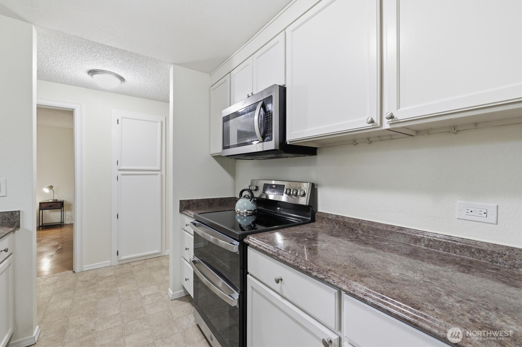 Sleek stainless steel appliances and ample storage.