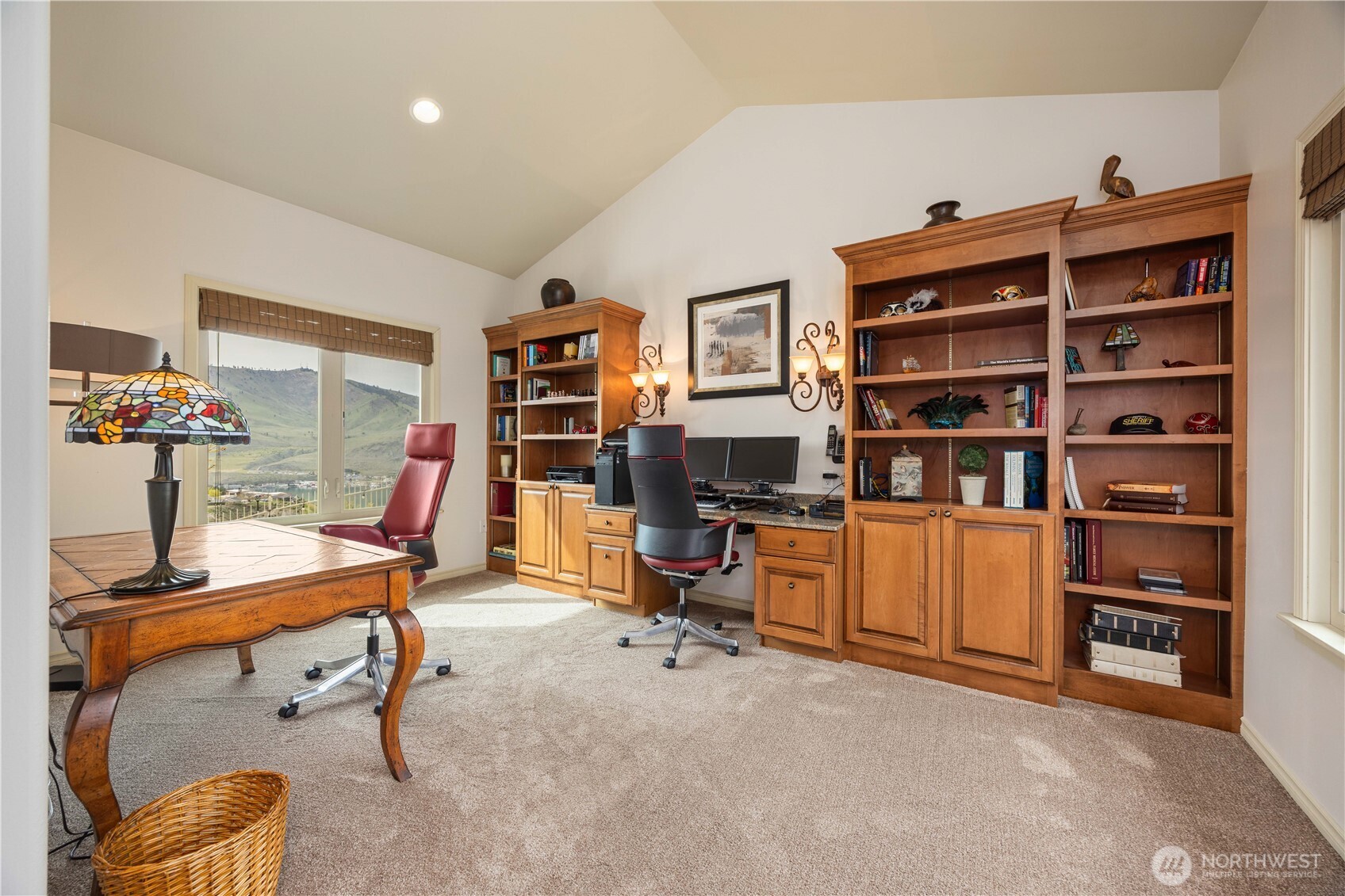 Spacious office with lake views.