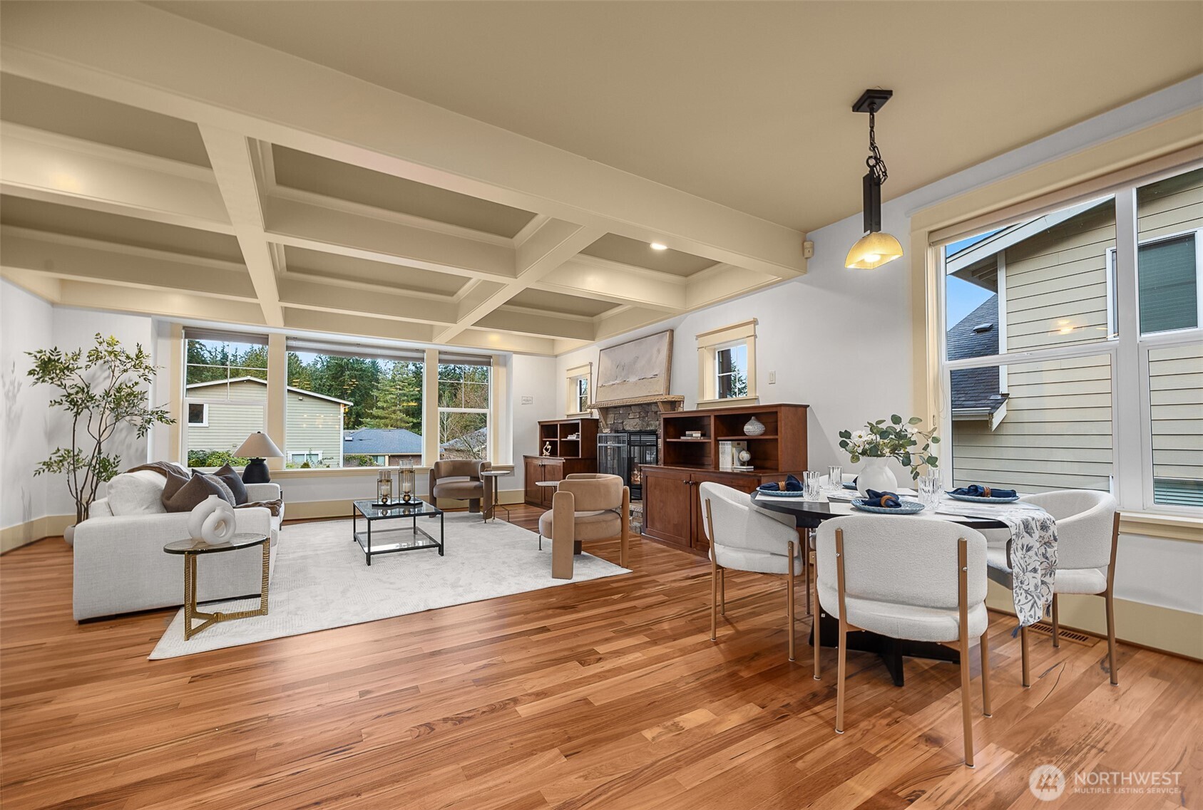 A second fireplace; windows; bookshelves